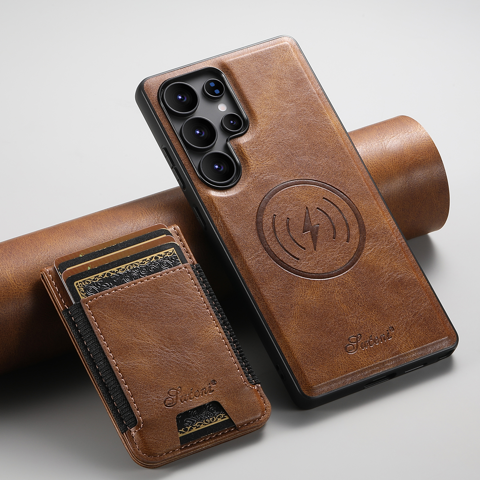 SUTENI H17YL PU Leather Phone Case Magnet Wireless Charging Card Holder Stand For Samsung S25Ultra S24Plus S23 S22 Note20