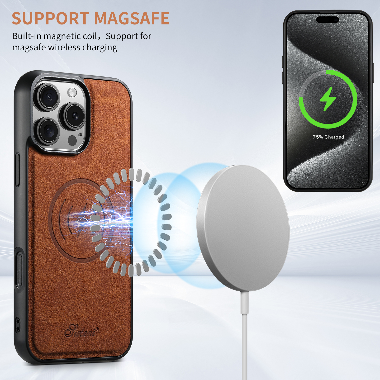 SUTEaNI H16DK Luxury PU Leather Phone Case Magnet Wireless Charging Frosted Feel For iPhone 16 Pro Max 15 Plus 14 13 12