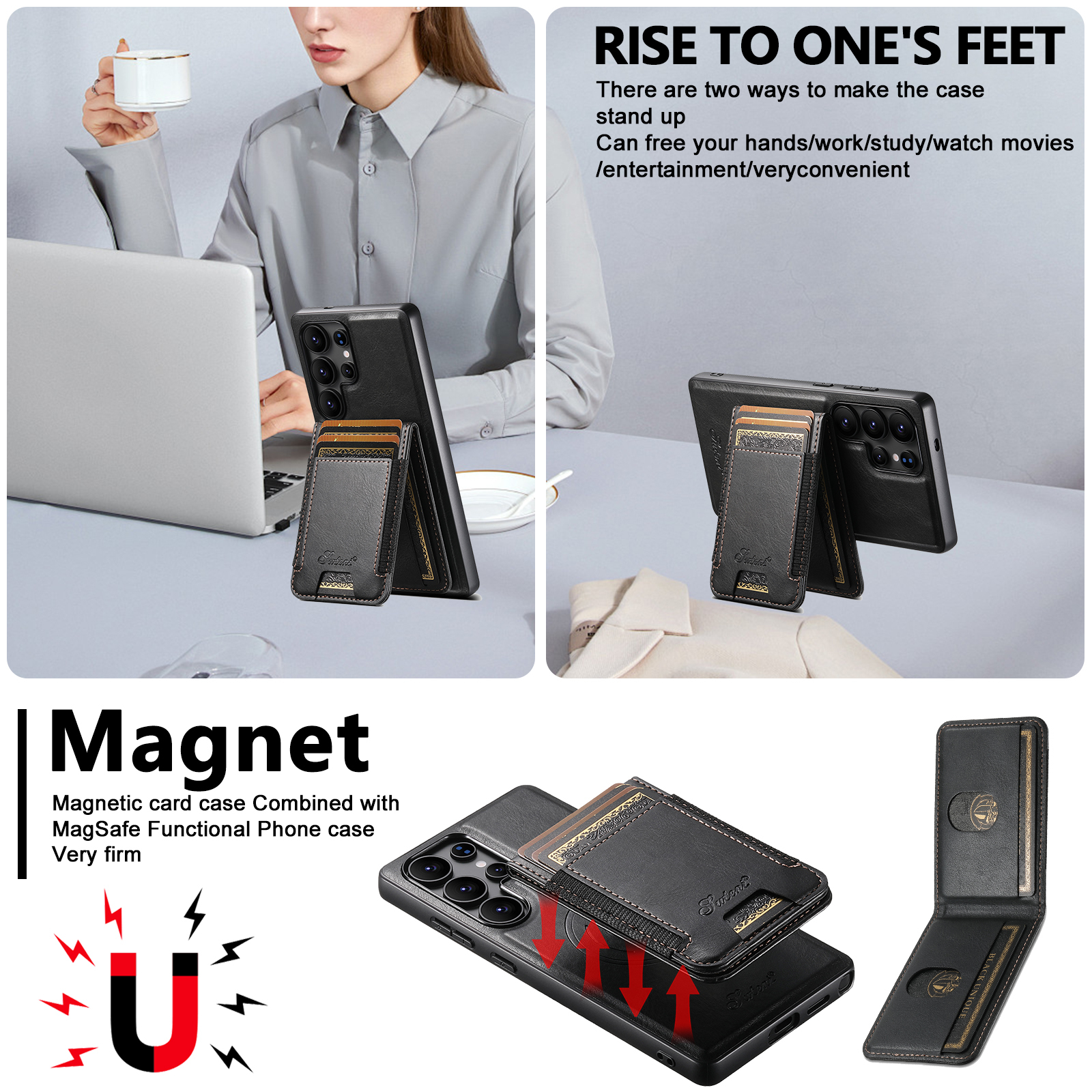 SUTENI H17YL PU Leather Phone Case Magnet Wireless Charging Card Holder Stand For Samsung S25Ultra S24Plus S23 S22 Note20