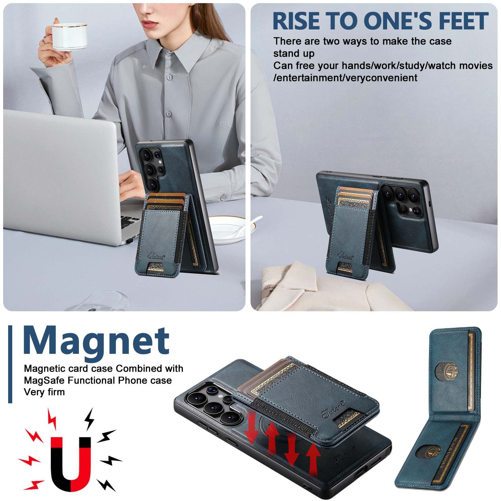 SUTENI H17YL PU Leather Phone Case Magnet Wireless Charging Card Holder Stand For Samsung S26Ultra S25Plus S24 S23 S22 Note20