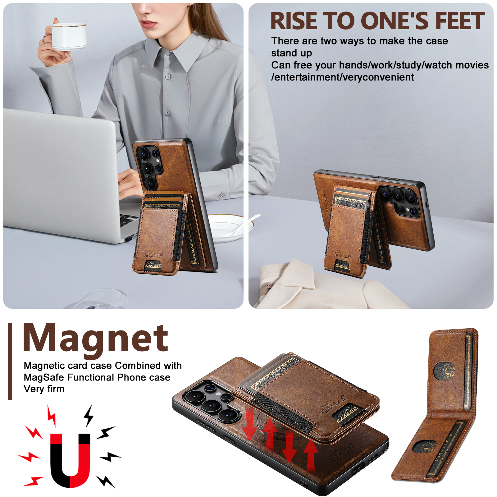 SUTENI H17YL PU Leather Phone Case Magnet Wireless Charging Card Holder Stand For Samsung S25Ultra S24Plus S23 S22 Note20
