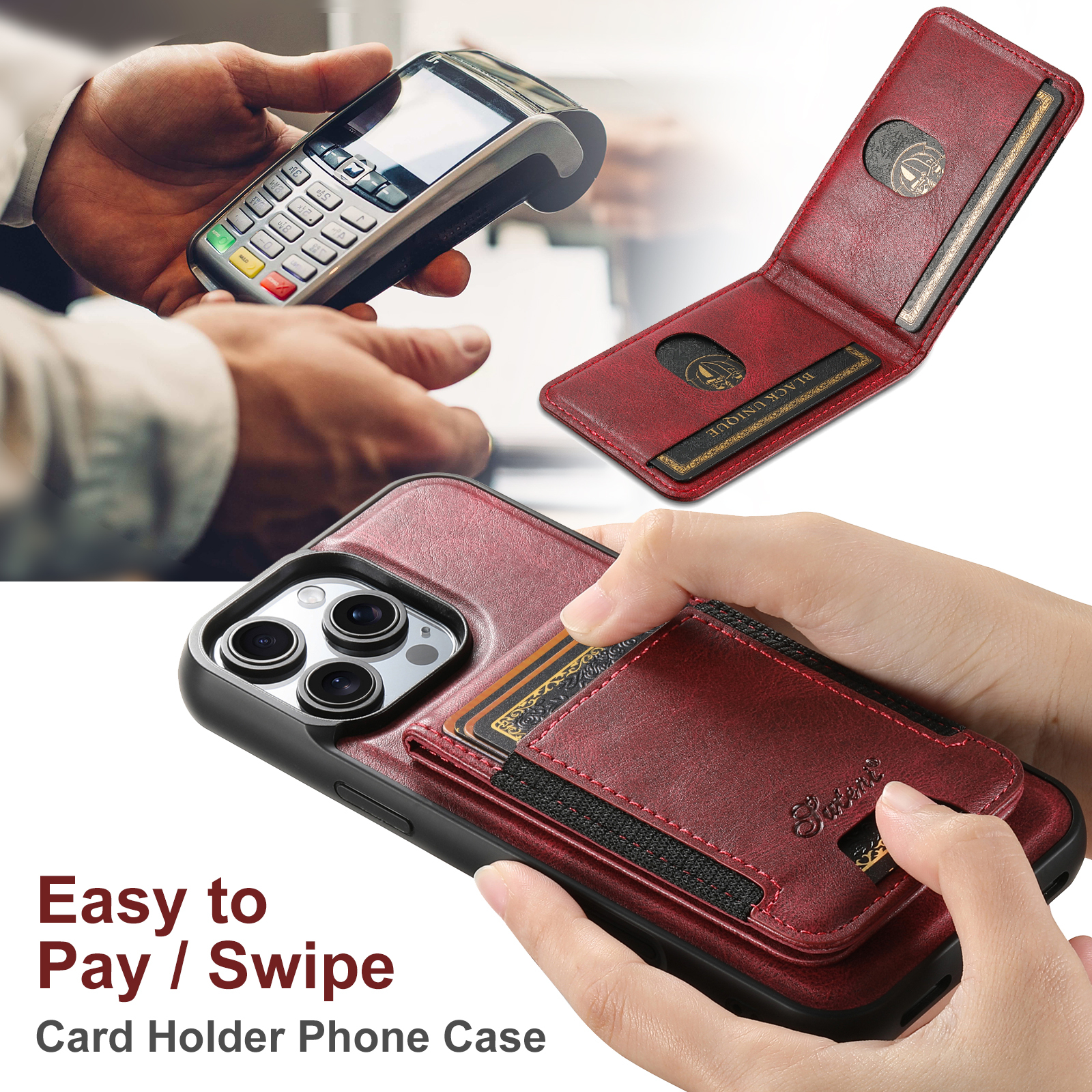 SUTENI H17YL Faux Leather Phone Case Wireless Charging Magnet Card Holder Stand For iPhone 17 Pro Max 16 Plus 15 14 13 12
