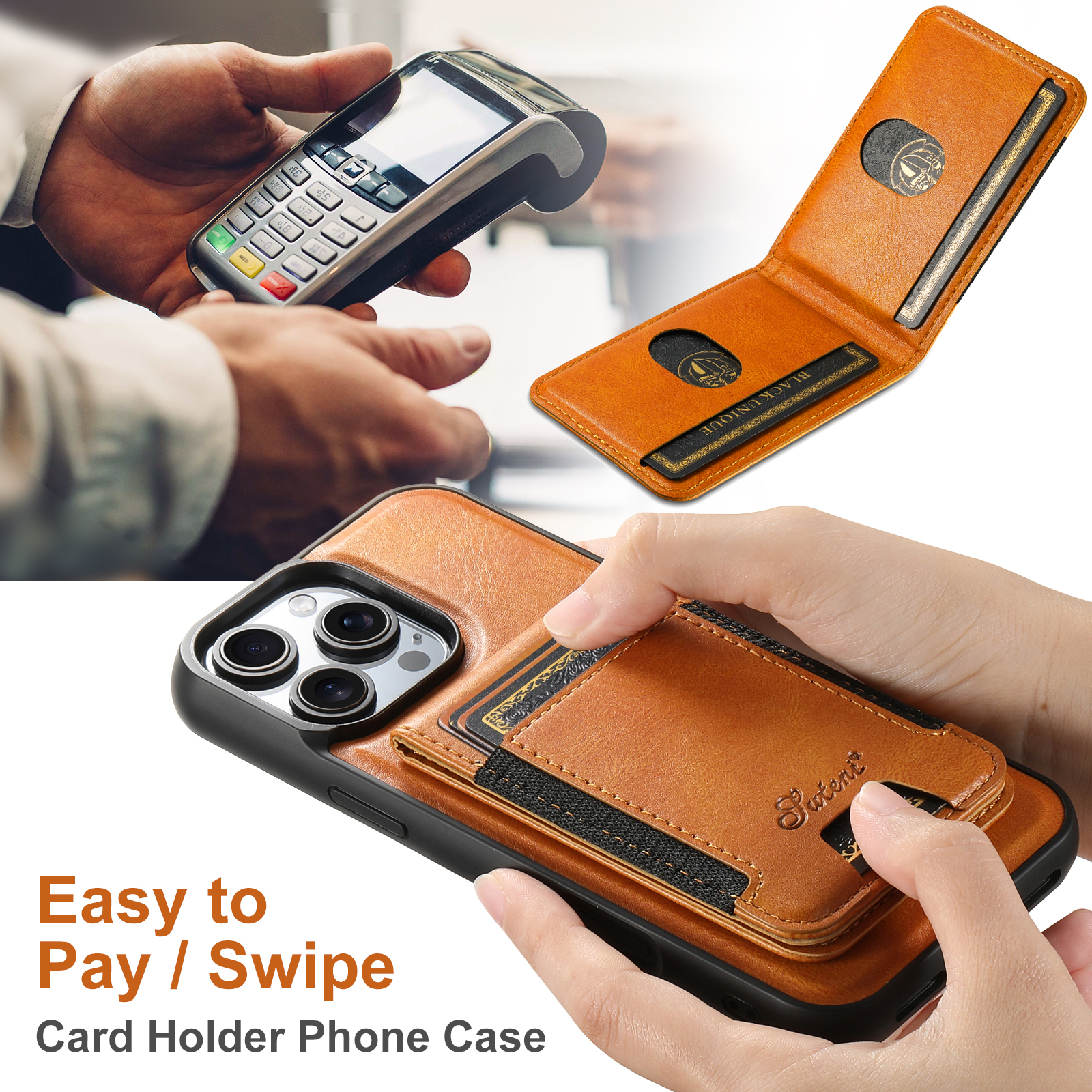 SUTENI H17YL Faux Leather Phone Case Wireless Charging Magnet Card Holder Stand For iPhone 17 Pro Max 16 Plus 15 14 13 12
