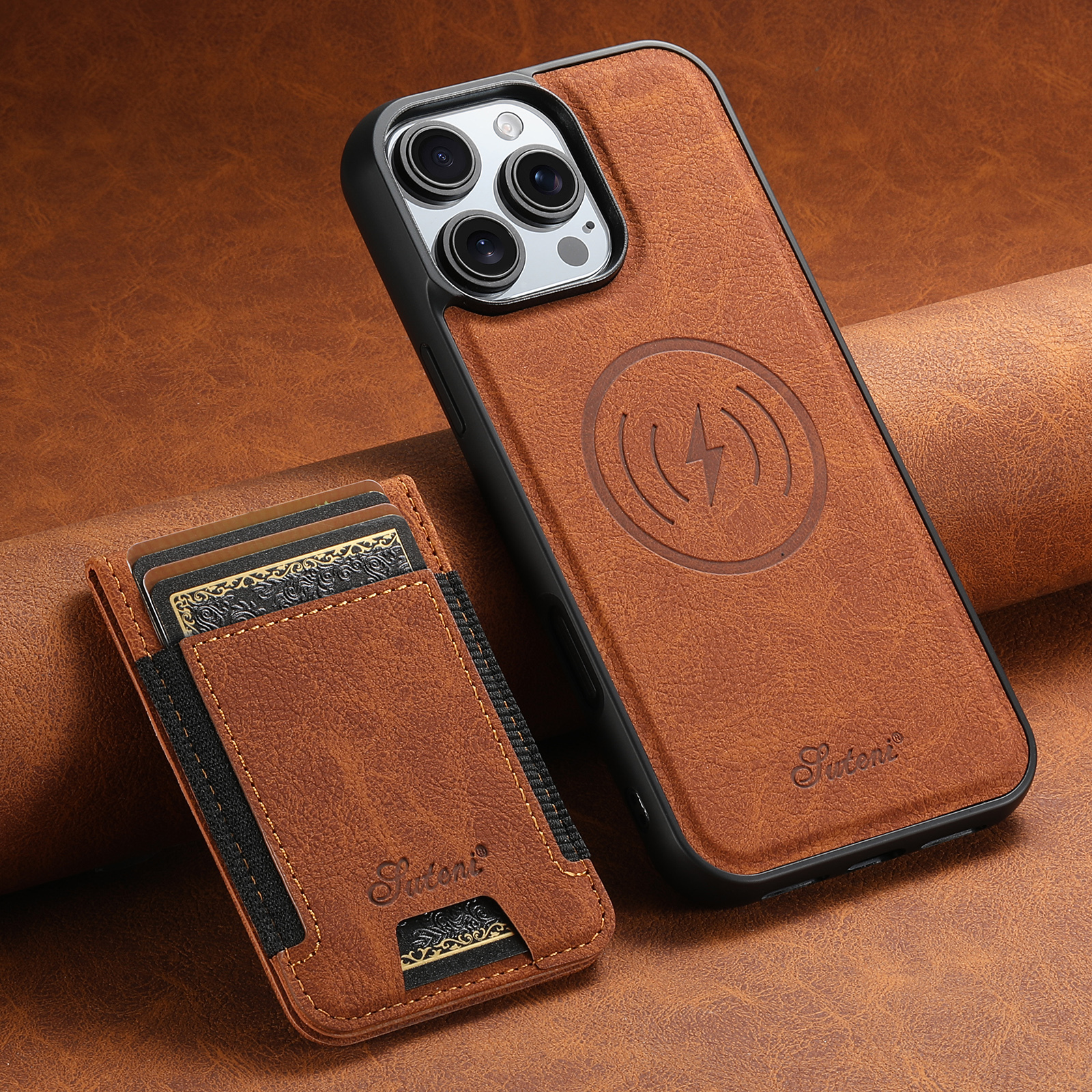 SUTENI H17LZ Magnet Wireless Charging Card Holder Stand Luxury PU Leather Phone Case For iPhone 16 Pro Max 15 Plus 14 Pro 13 12