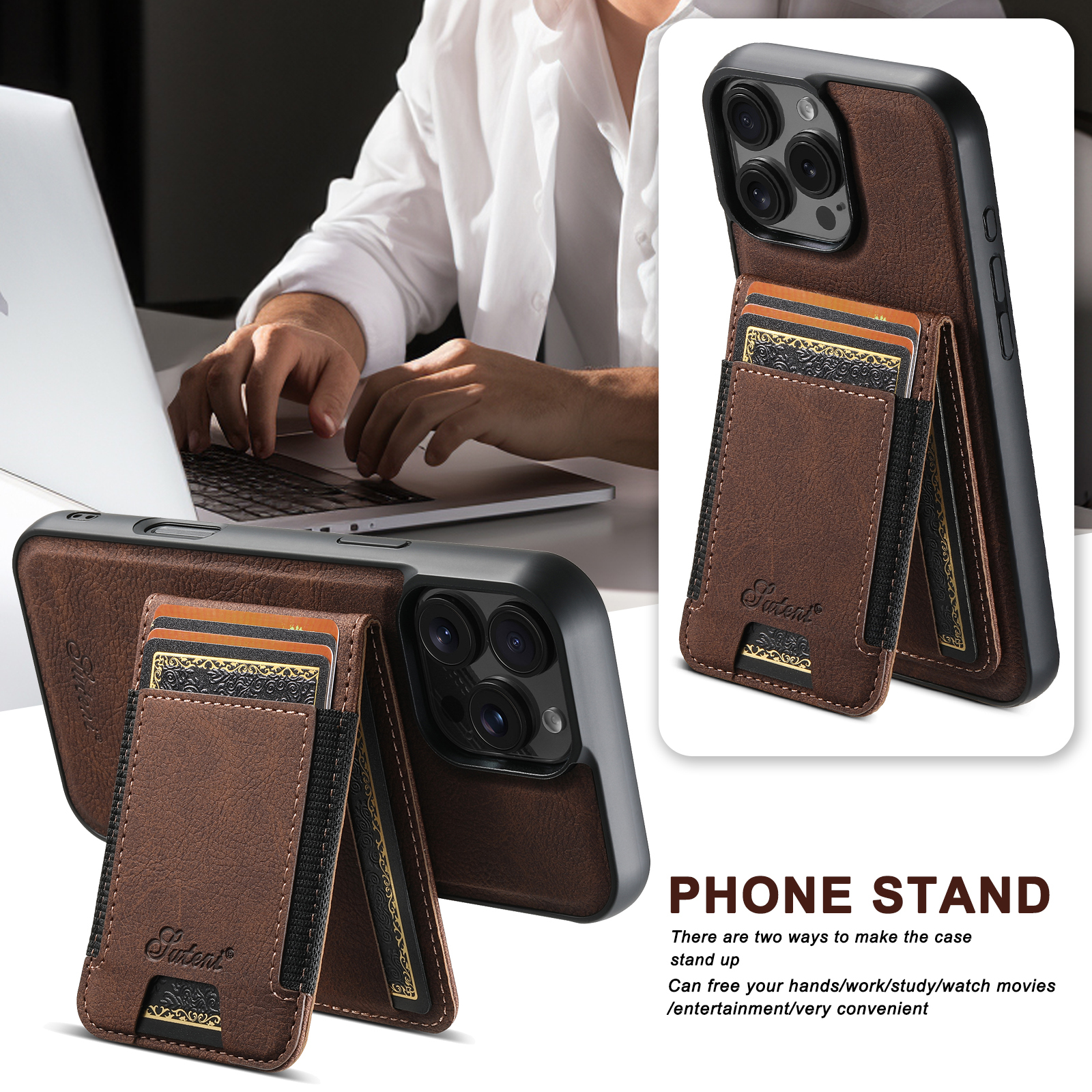 SUTENI H17LZ Magnet Wireless Charging Card Holder Stand Luxury PU Leather Phone Case For iPhone 16 Pro Max 15 Plus 14 Pro 13 12