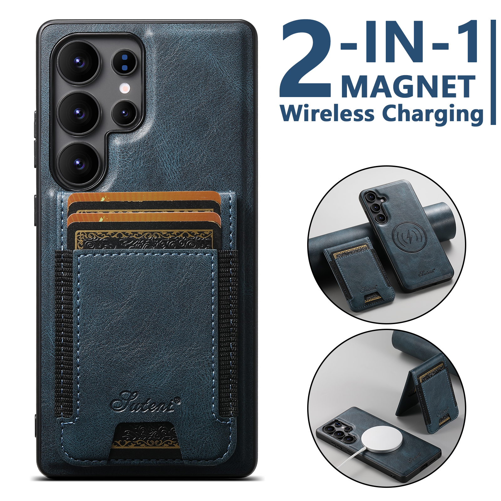 SUTENI H17YL PU Leather Phone Case Magnet Wireless Charging Card Holder Stand For Samsung S25Ultra S24Plus S23 S22 Note20