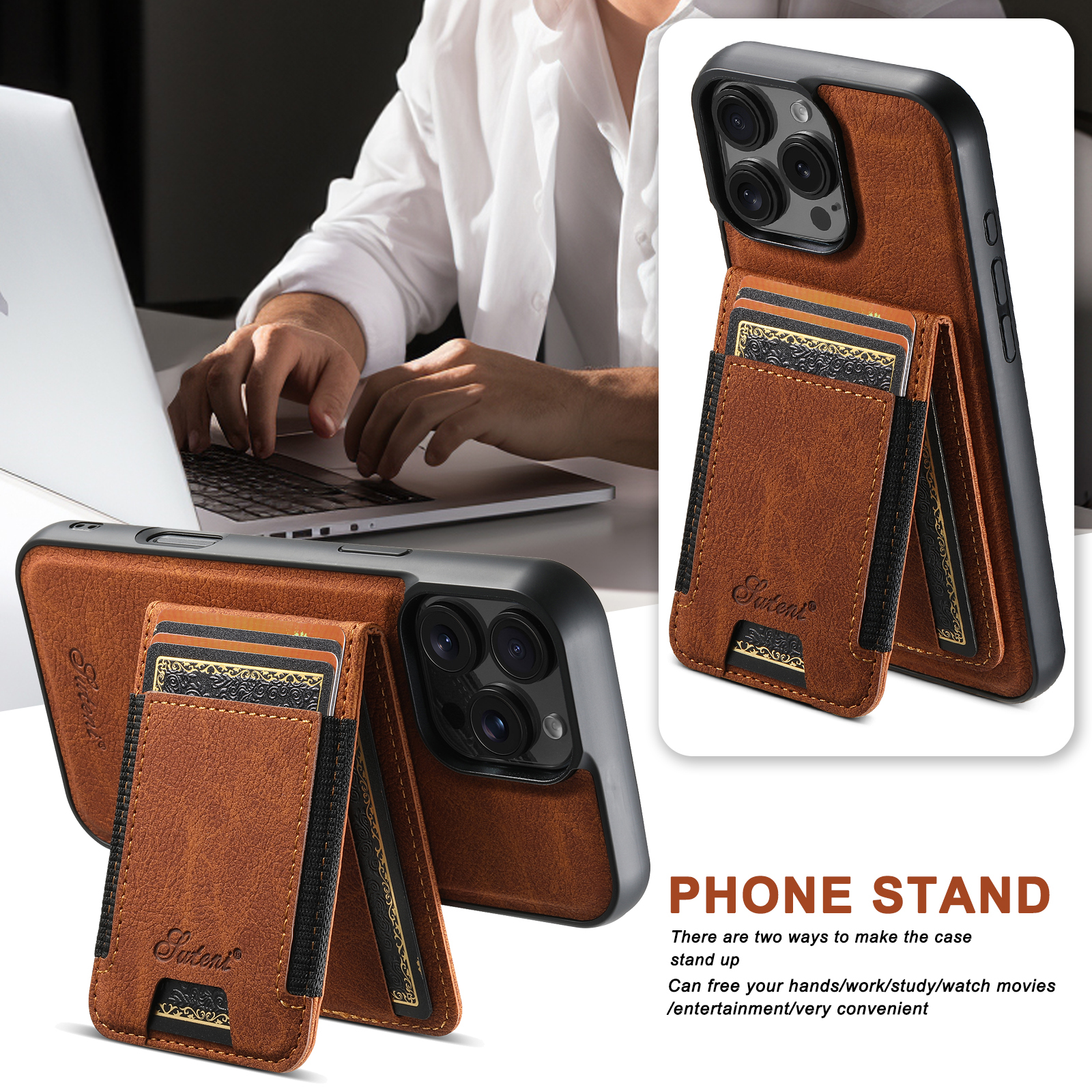 SUTENI H17LZ Magnet Wireless Charging Card Holder Stand Luxury PU Leather Phone Case For iPhone 16 Pro Max 15 Plus 14 Pro 13 12