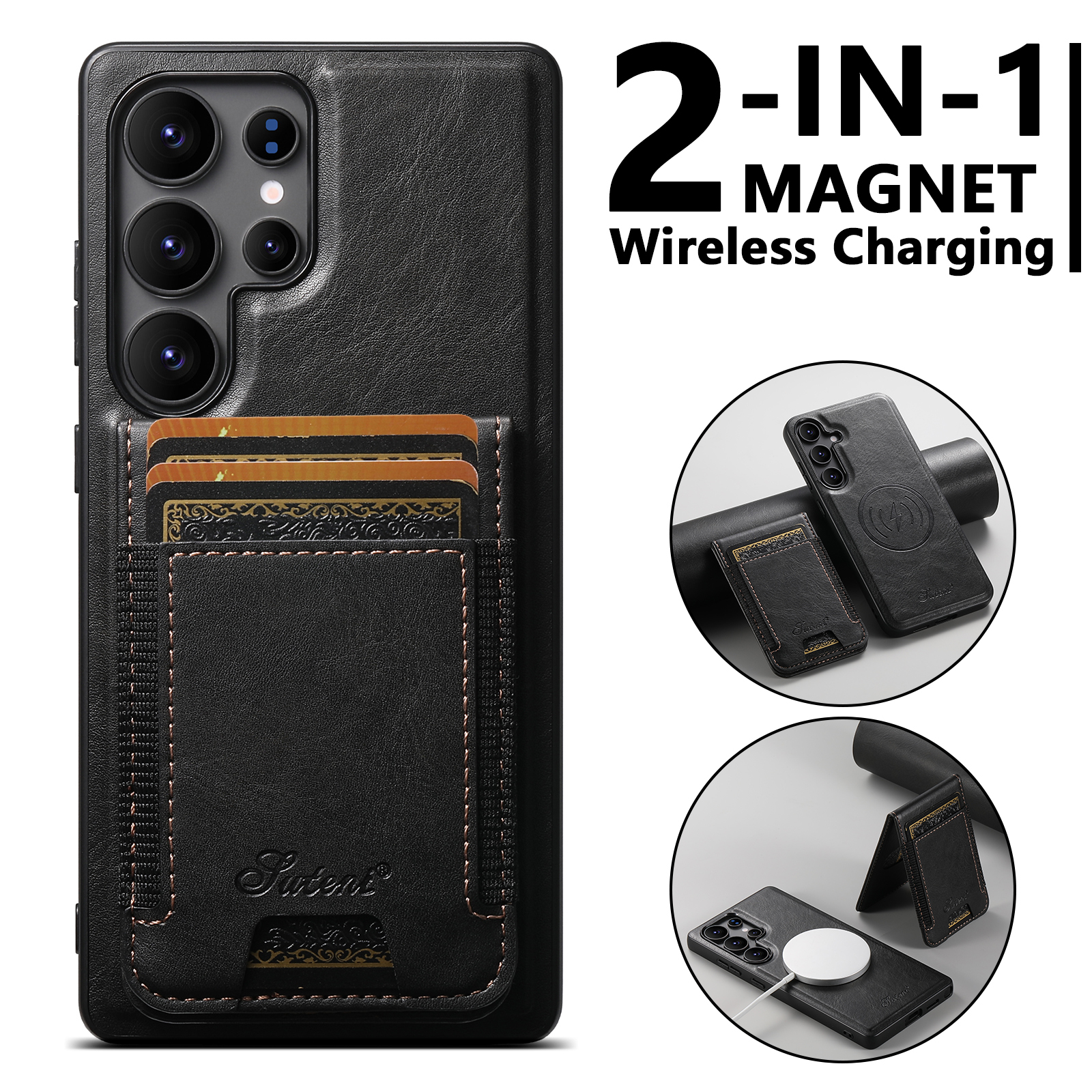 SUTENI H17YL PU Leather Phone Case Magnet Wireless Charging Card Holder Stand For Samsung S25Ultra S24Plus S23 S22 Note20