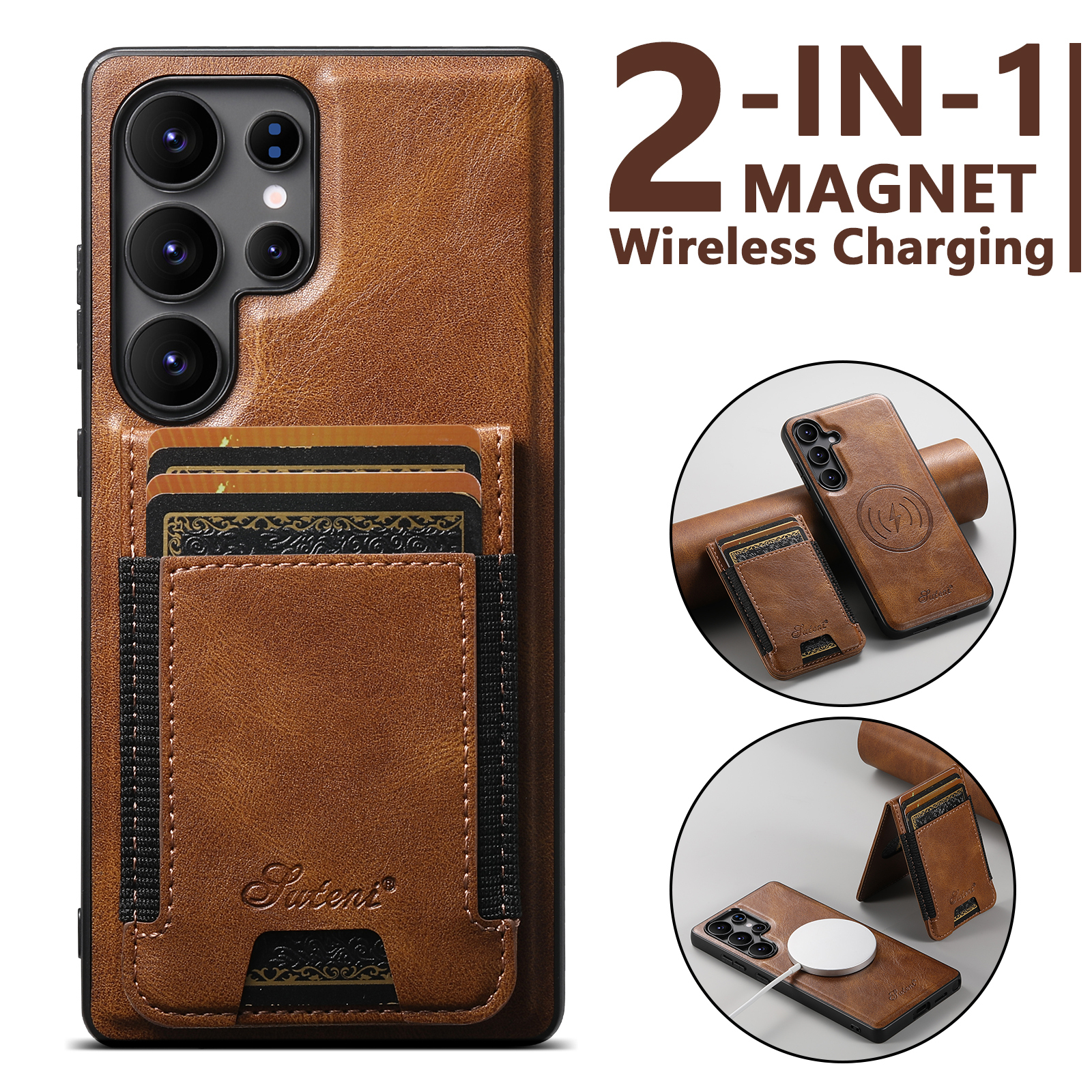 SUTENI H17YL PU Leather Phone Case Magnet Wireless Charging Card Holder Stand For Samsung S25Ultra S24Plus S23 S22 Note20