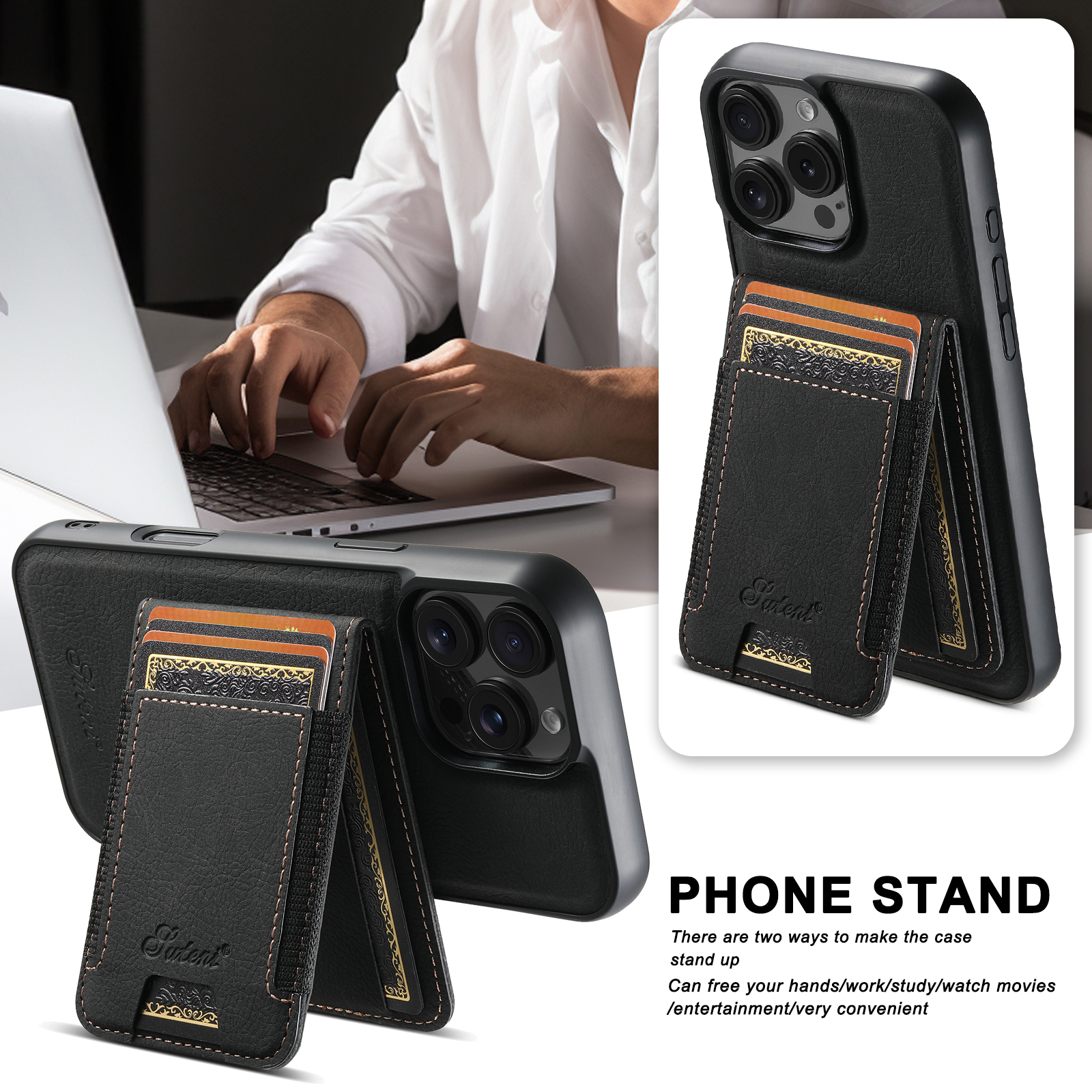 SUTENI H17LZ Magnet Wireless Charging Card Holder Stand Luxury PU Leather Phone Case For iPhone 16 Pro Max 15 Plus 14 Pro 13 12