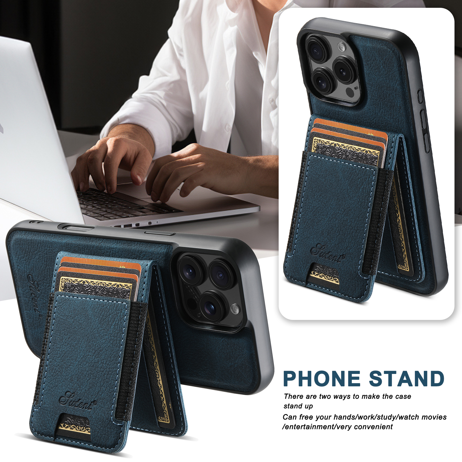 SUTENI H17LZ Magnet Wireless Charging Card Holder Stand Luxury PU Leather Phone Case For iPhone 16 Pro Max 15 Plus 14 Pro 13 12