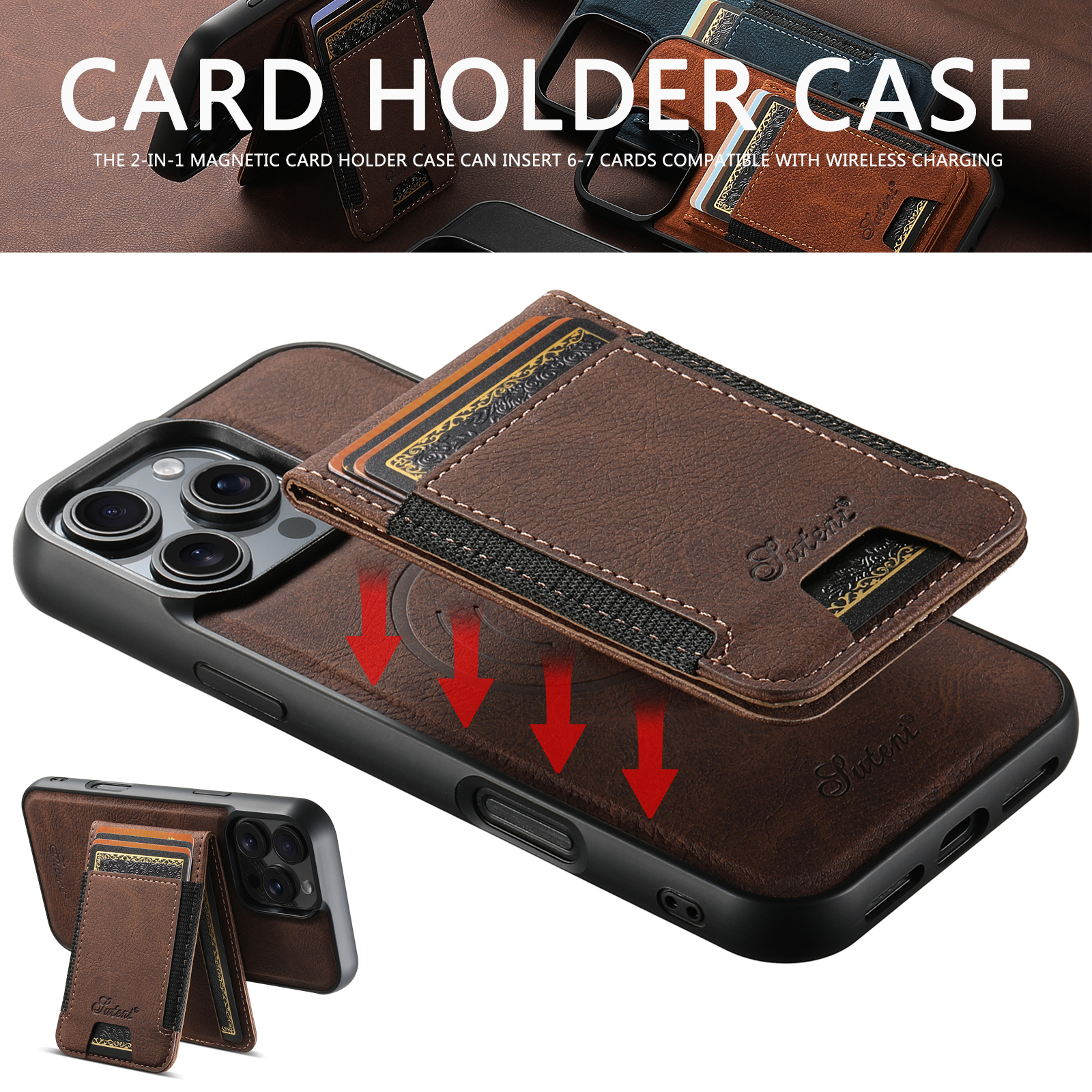 SUTENI H17LZ Magnet Wireless Charging Card Holder Stand Luxury PU Leather Phone Case For iPhone 16 Pro Max 15 Plus 14 Pro 13 12