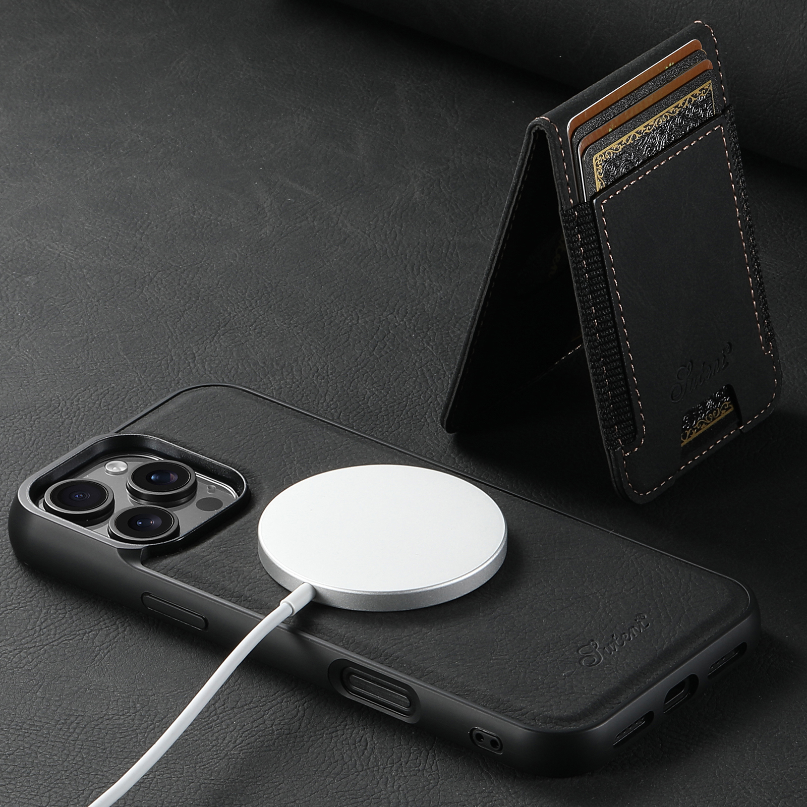 SUTENI H17LZ Magnet Wireless Charging Card Holder Stand Luxury PU Leather Phone Case For iPhone 16 Pro Max 15 Plus 14 Pro 13 12