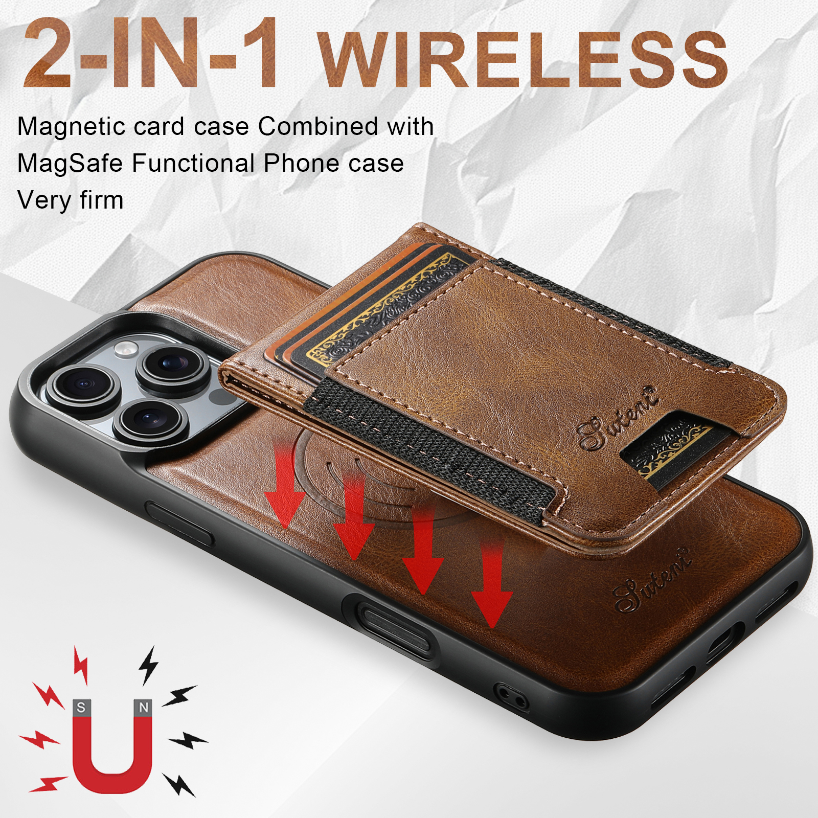SUTENI H17YL PU Leather Phone Case Magnet Wireless Charging Card Holder StandFor iPhone 16 Pro Max 15 Plus 14 Pro 13 12