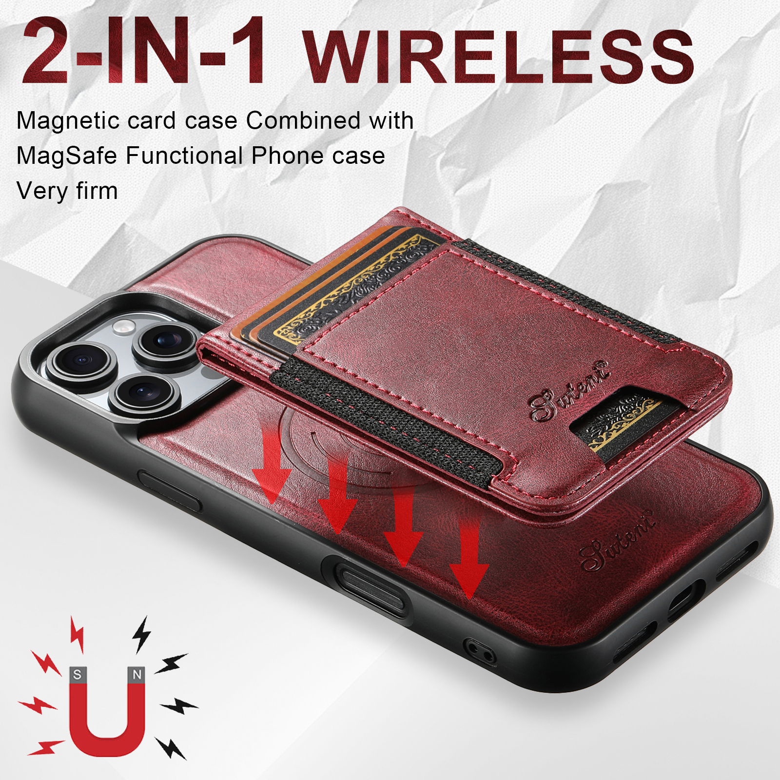 SUTENI H17YL Faux Leather Phone Case Wireless Charging Magnet Card Holder Stand For iPhone 17 Pro Max 16 Plus 15 14 13 12