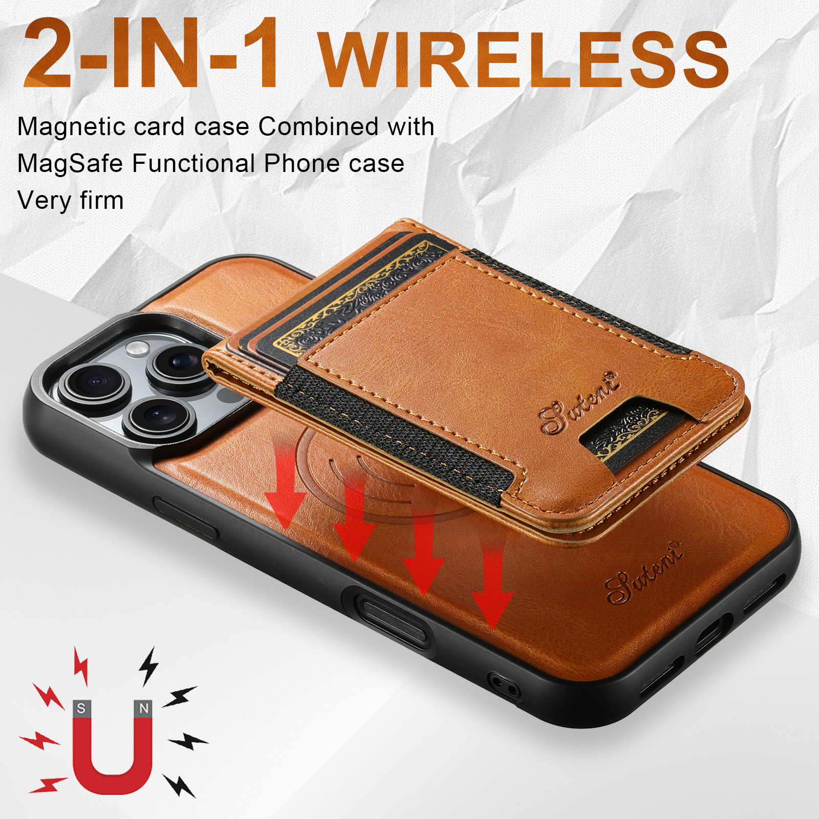 SUTENI H17YL Faux Leather Phone Case Wireless Charging Magnet Card Holder Stand For iPhone 17 Pro Max 16 Plus 15 14 13 12