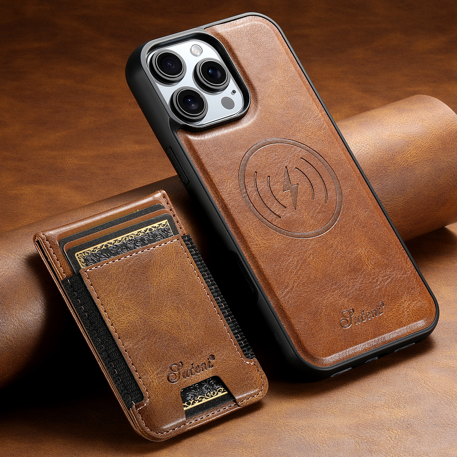 SUTENI H17YL PU Leather Phone Case Magnet Wireless Charging Card Holder StandFor iPhone 16 Pro Max 15 Plus 14 Pro 13 12