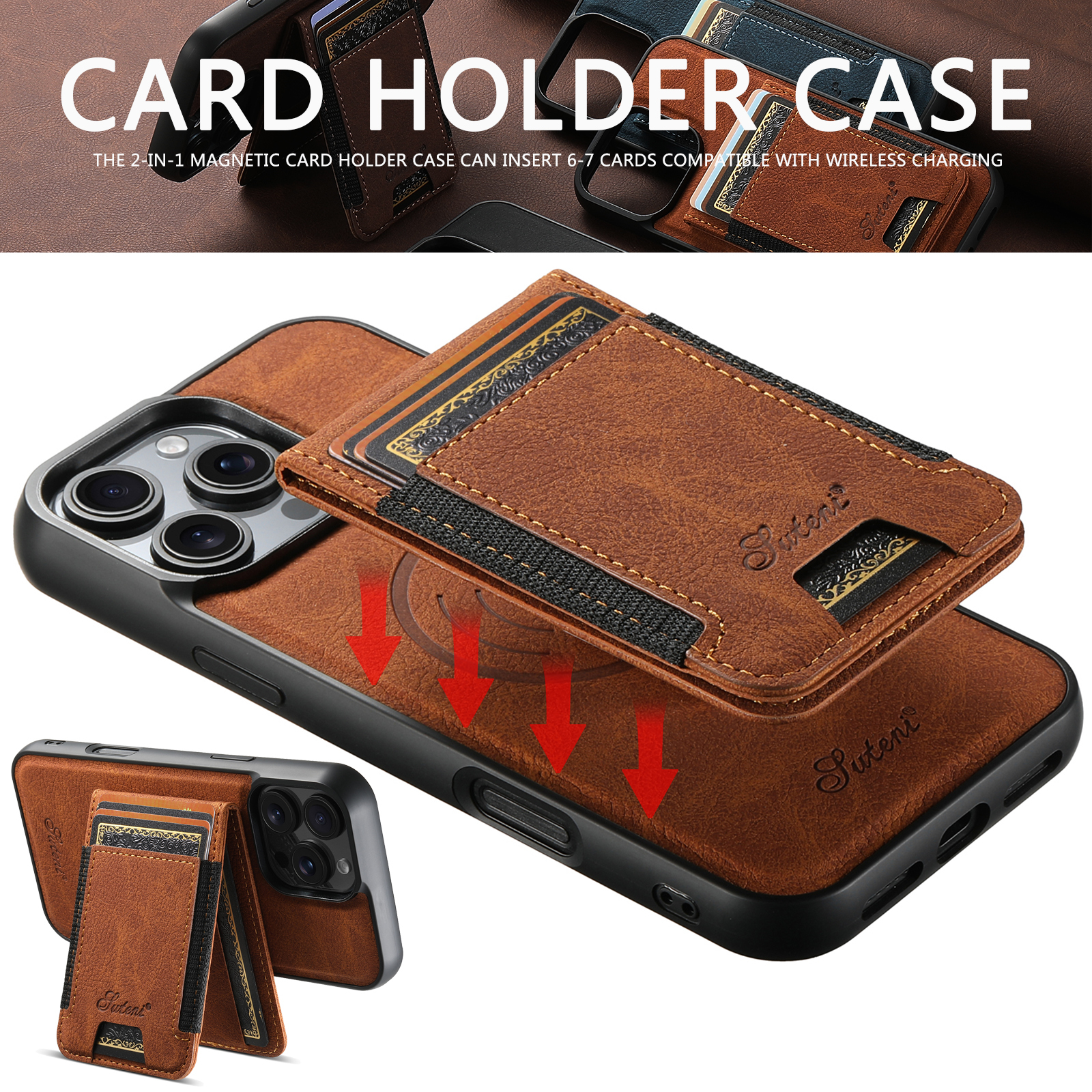 SUTENI H17LZ Magnet Wireless Charging Card Holder Stand Luxury PU Leather Phone Case For iPhone 16 Pro Max 15 Plus 14 Pro 13 12
