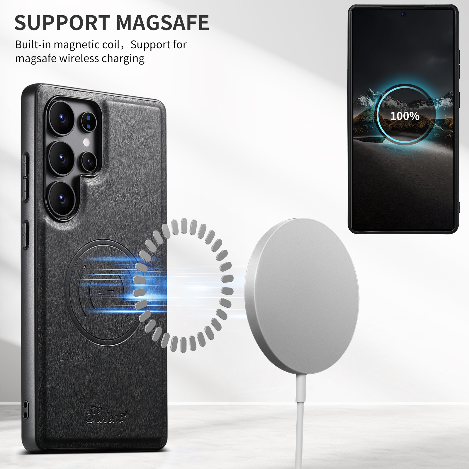 SUTENI H15DK Magnet Wireless Charging PU Leather Card Holder Stand Picture frame Phone Case For Samsung S25Ultra S24Plus S23 S22 Note20