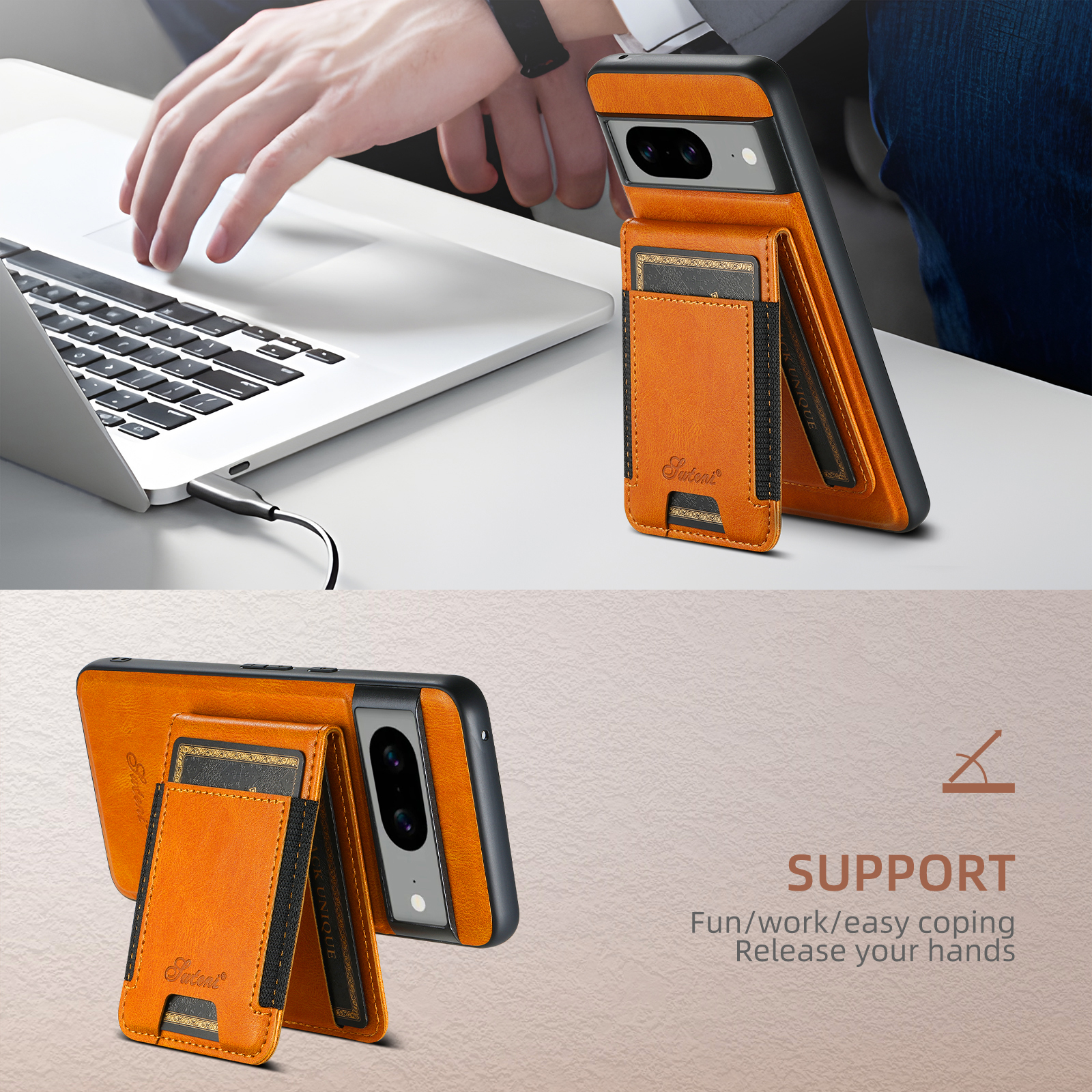 SUTENI H17YL Faux Leather Phone Case Wireless Charging Magnet Card Holder Stand For Google Pixel 10ProXL 9 8A 7 6