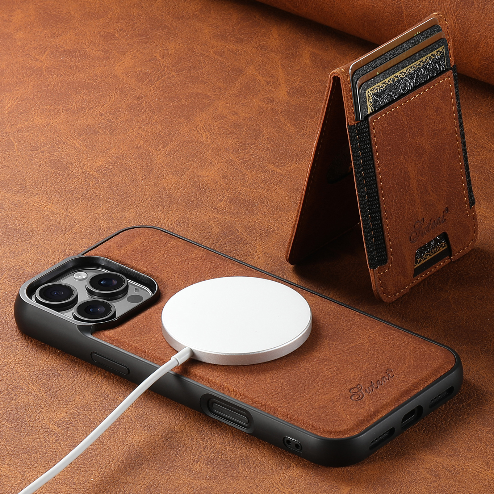SUTENI H17LZ Magnet Wireless Charging Card Holder Stand Luxury PU Leather Phone Case For iPhone 16 Pro Max 15 Plus 14 Pro 13 12