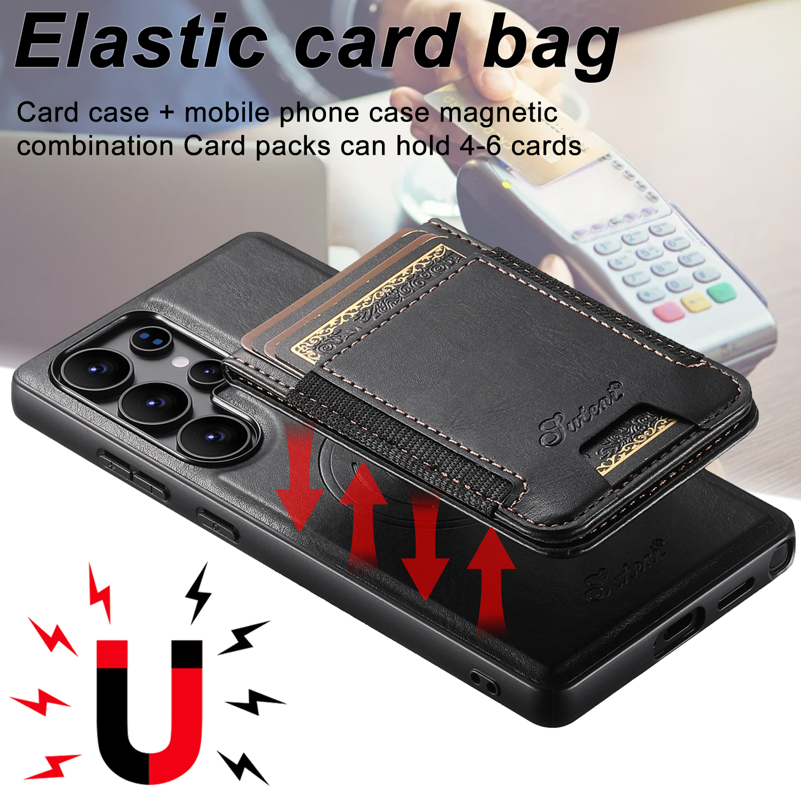 SUTENI H17YL PU Leather Phone Case Magnet Wireless Charging Card Holder Stand For Samsung S25Ultra S24Plus S23 S22 Note20