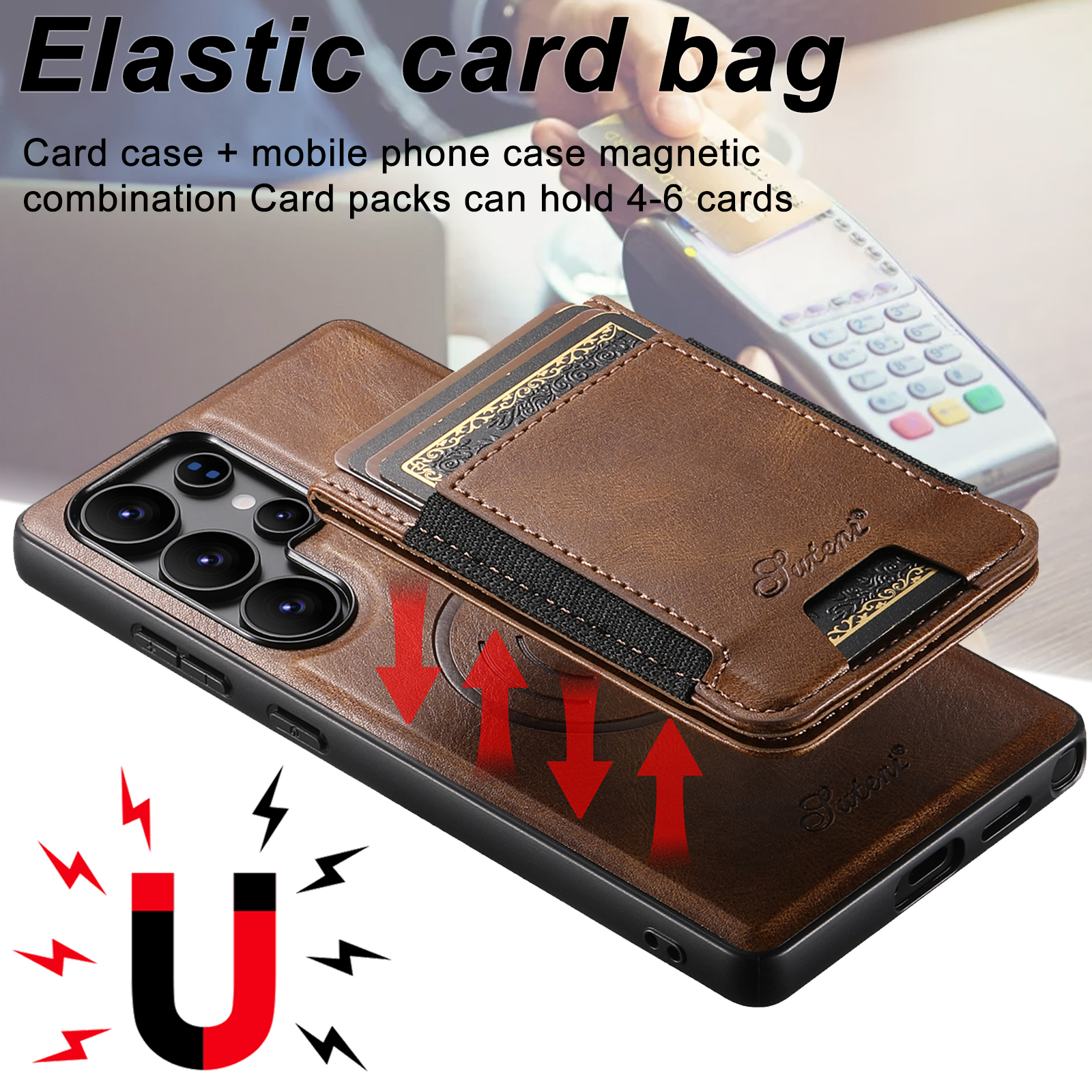 SUTENI H17YL PU Leather Phone Case Magnet Wireless Charging Card Holder Stand For Samsung S25Ultra S24Plus S23 S22 Note20