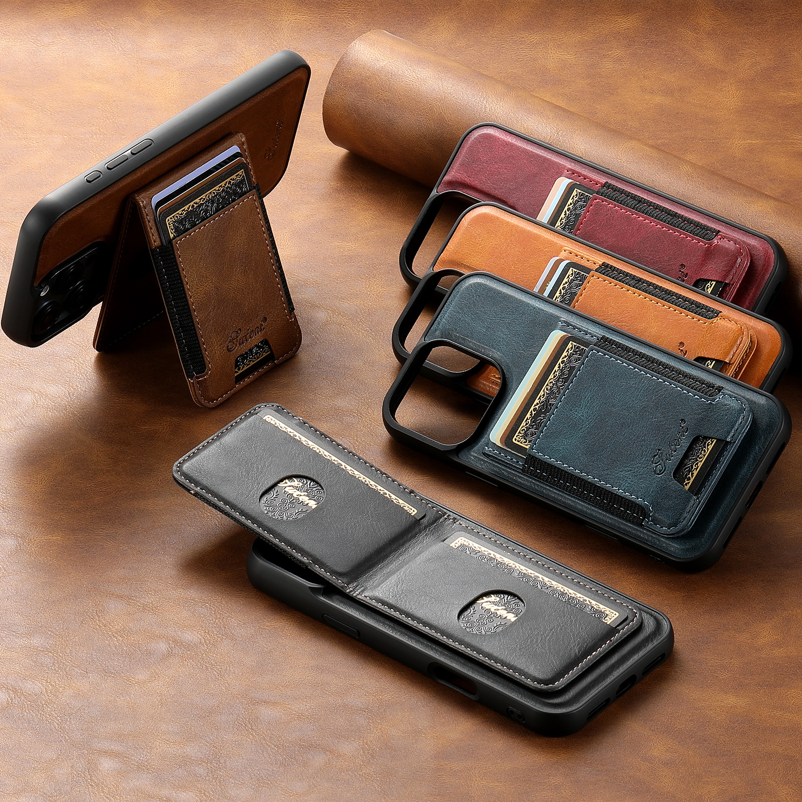 SUTENI H17YL PU Leather Phone Case Magnet Wireless Charging Card Holder StandFor iPhone 16 Pro Max 15 Plus 14 Pro 13 12