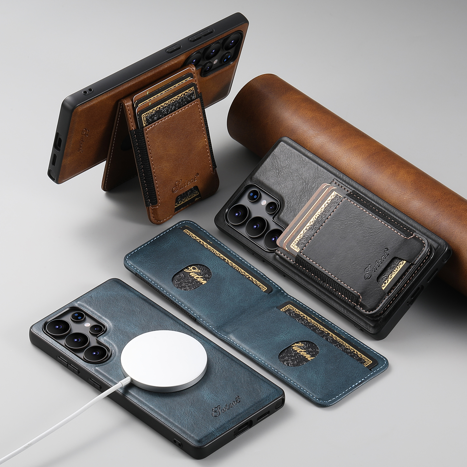 SUTENI H17YL PU Leather Phone Case Magnet Wireless Charging Card Holder Stand For Samsung S25Ultra S24Plus S23 S22 Note20