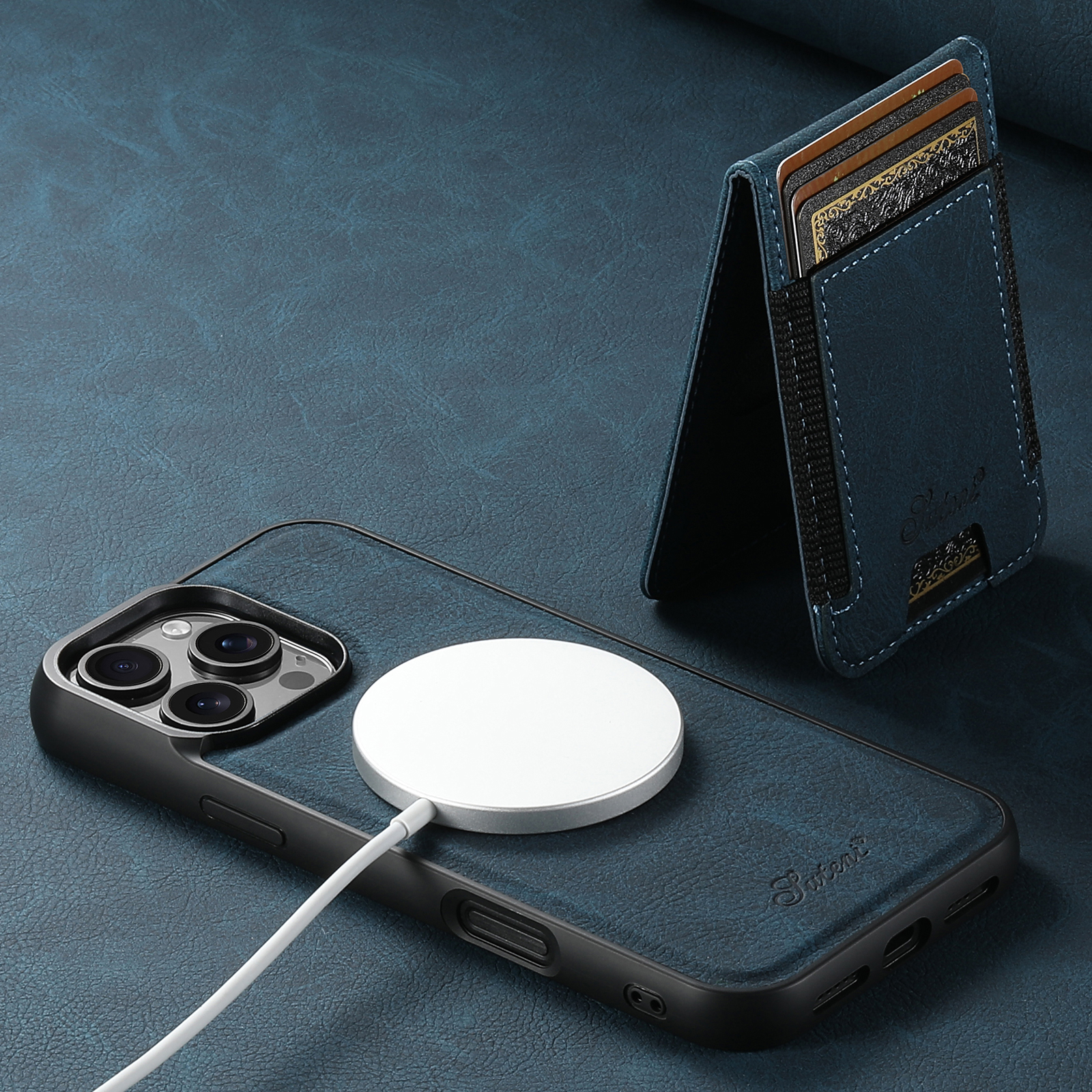 SUTENI H17LZ Magnet Wireless Charging Card Holder Stand Luxury PU Leather Phone Case For iPhone 16 Pro Max 15 Plus 14 Pro 13 12