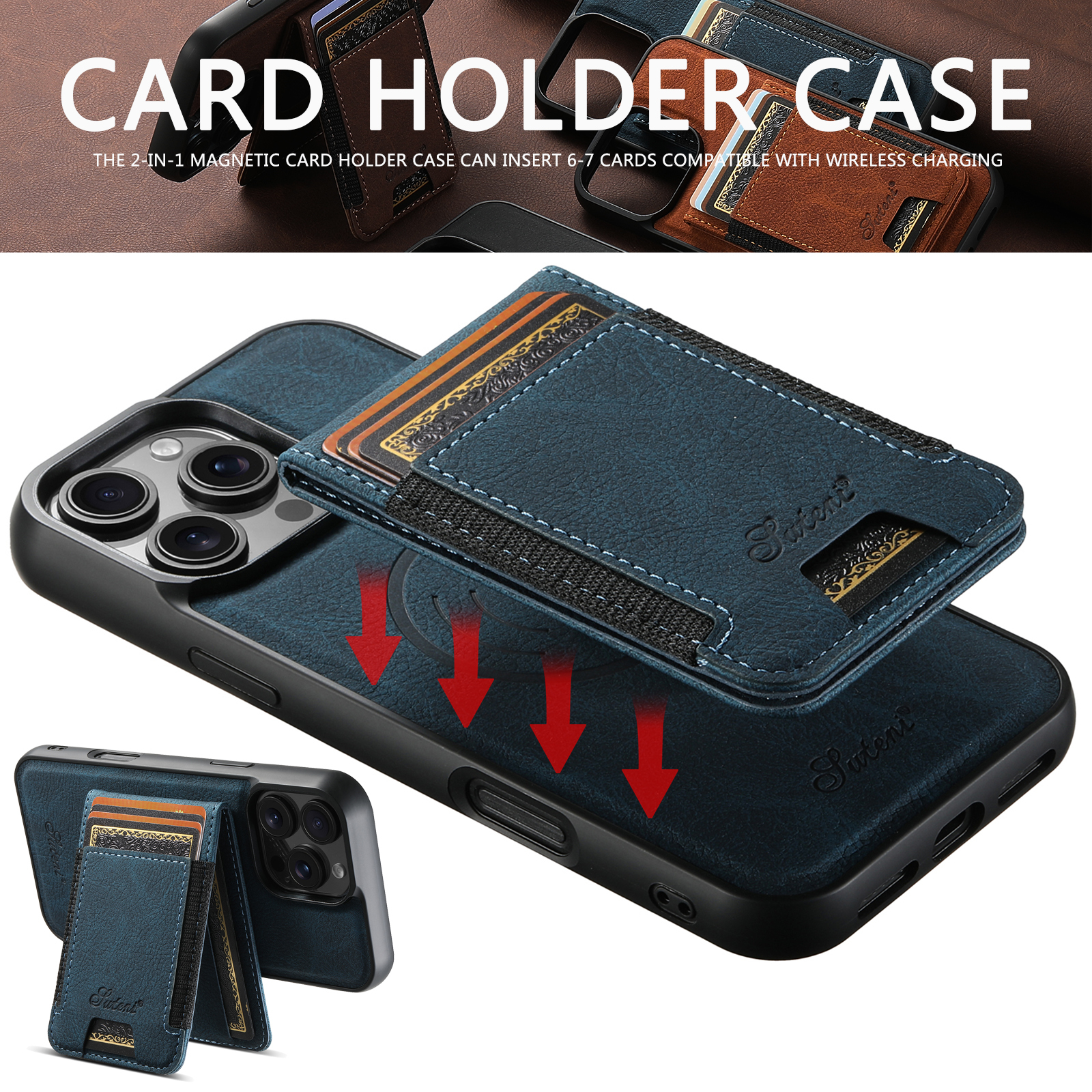 SUTENI H17LZ Magnet Wireless Charging Card Holder Stand Luxury PU Leather Phone Case For iPhone 16 Pro Max 15 Plus 14 Pro 13 12