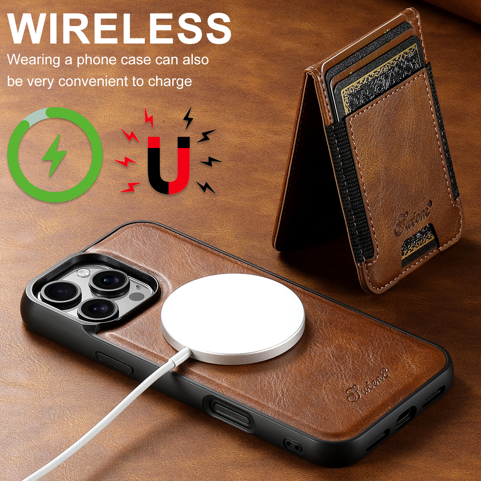 SUTENI H17YL PU Leather Phone Case Magnet Wireless Charging Card Holder StandFor iPhone 16 Pro Max 15 Plus 14 Pro 13 12