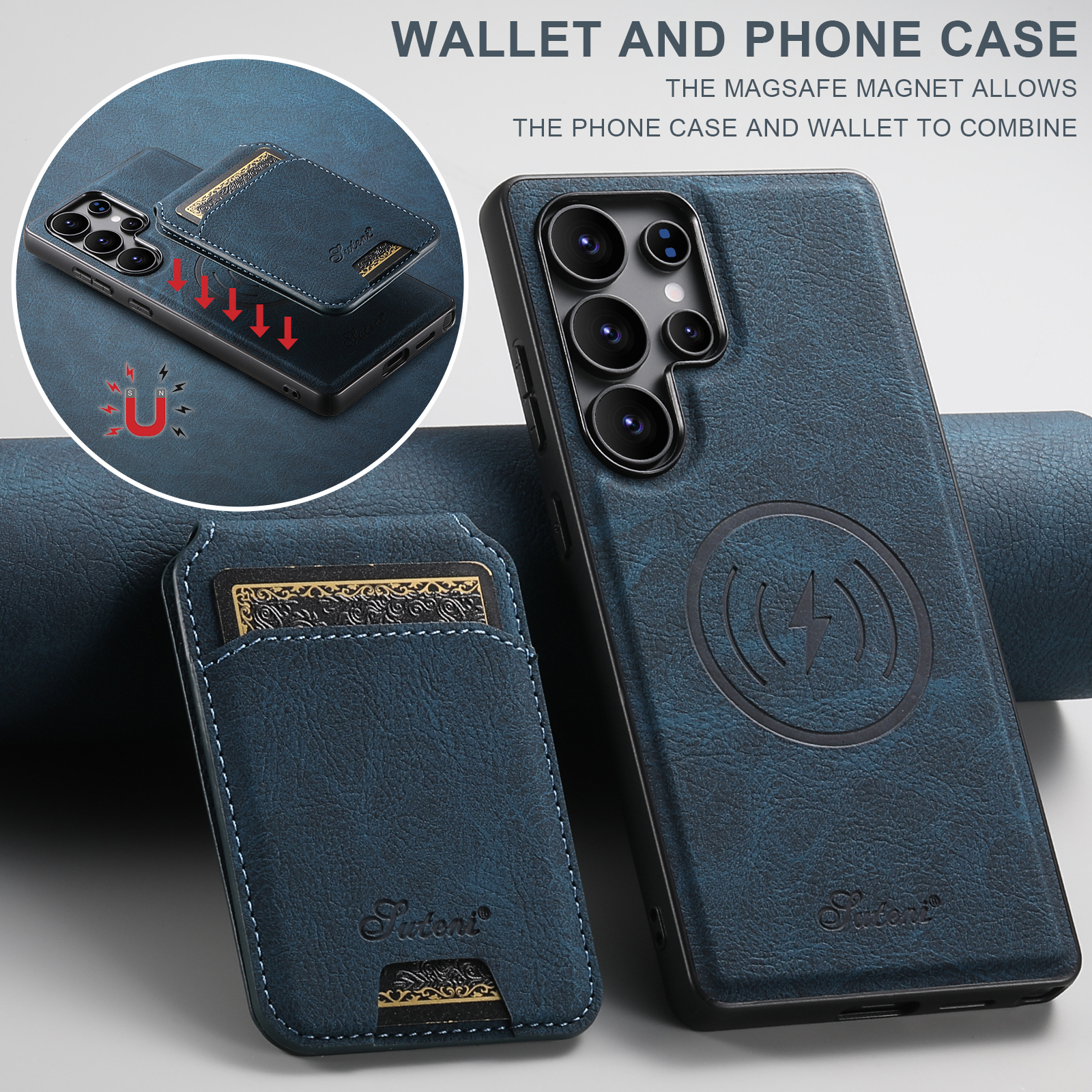 SUTENI H16 Magnet Wireless Charging Phone Case Card Holder Stand PU Leather For Samsung S25Ultra S24Plus S23 S22 Note20