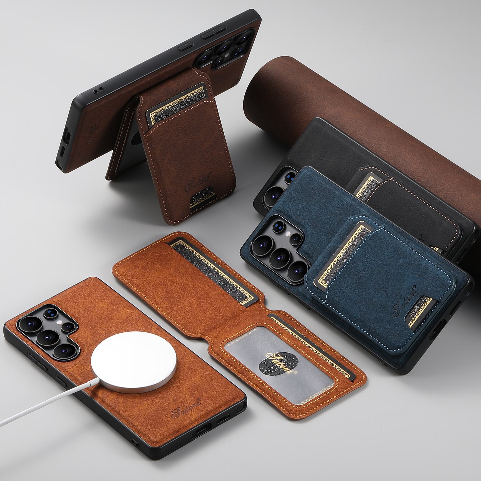 SUTENI H16 Magnet Wireless Charging Phone Case Card Holder Stand PU Leather For Samsung S25Ultra S24Plus S23 S22 Note20