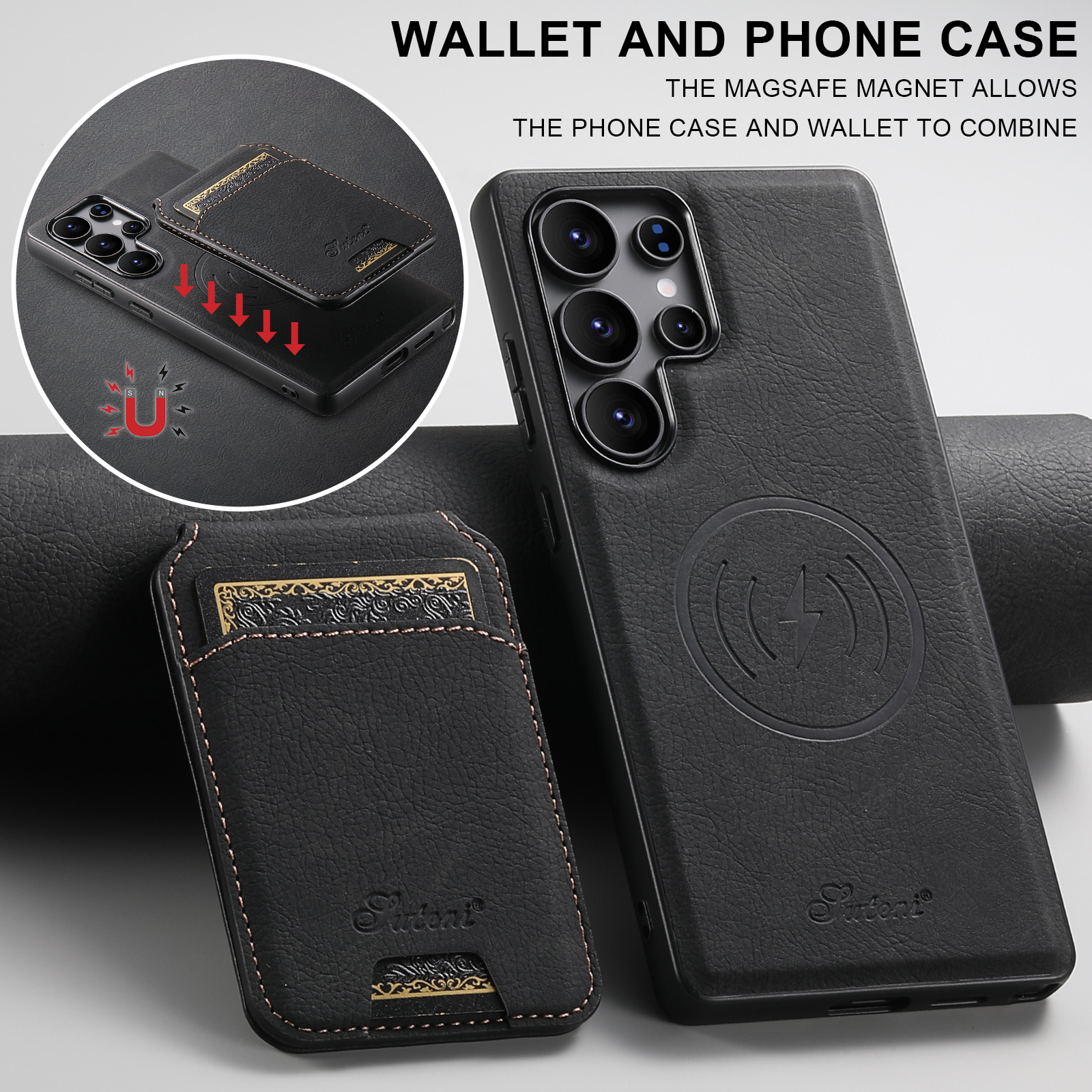 SUTENI H16 Magnet Wireless Charging Phone Case Card Holder Stand PU Leather For Samsung S25Ultra S24Plus S23 S22 Note20