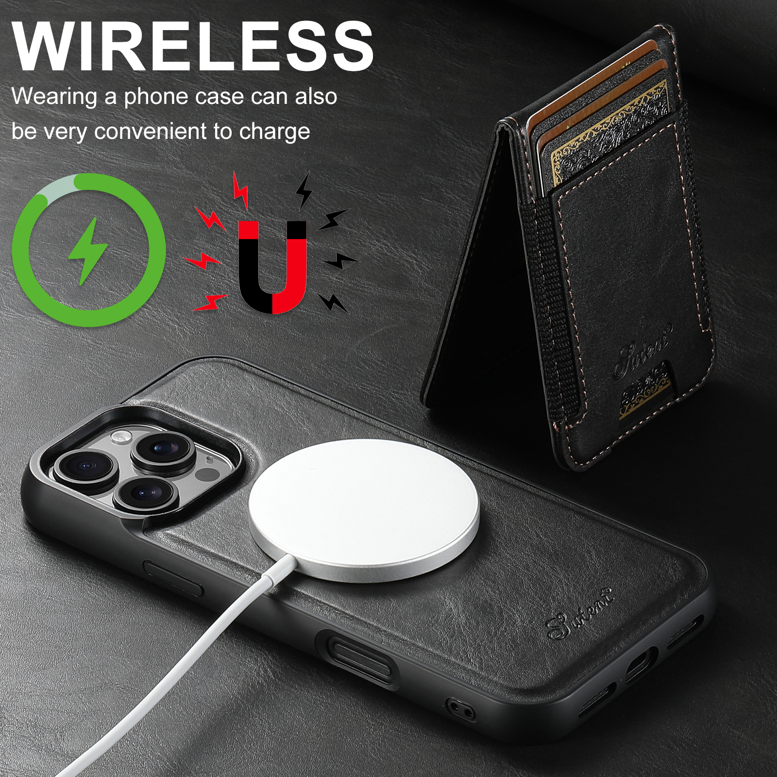 SUTENI H17YL PU Leather Phone Case Magnet Wireless Charging Card Holder StandFor iPhone 16 Pro Max 15 Plus 14 Pro 13 12