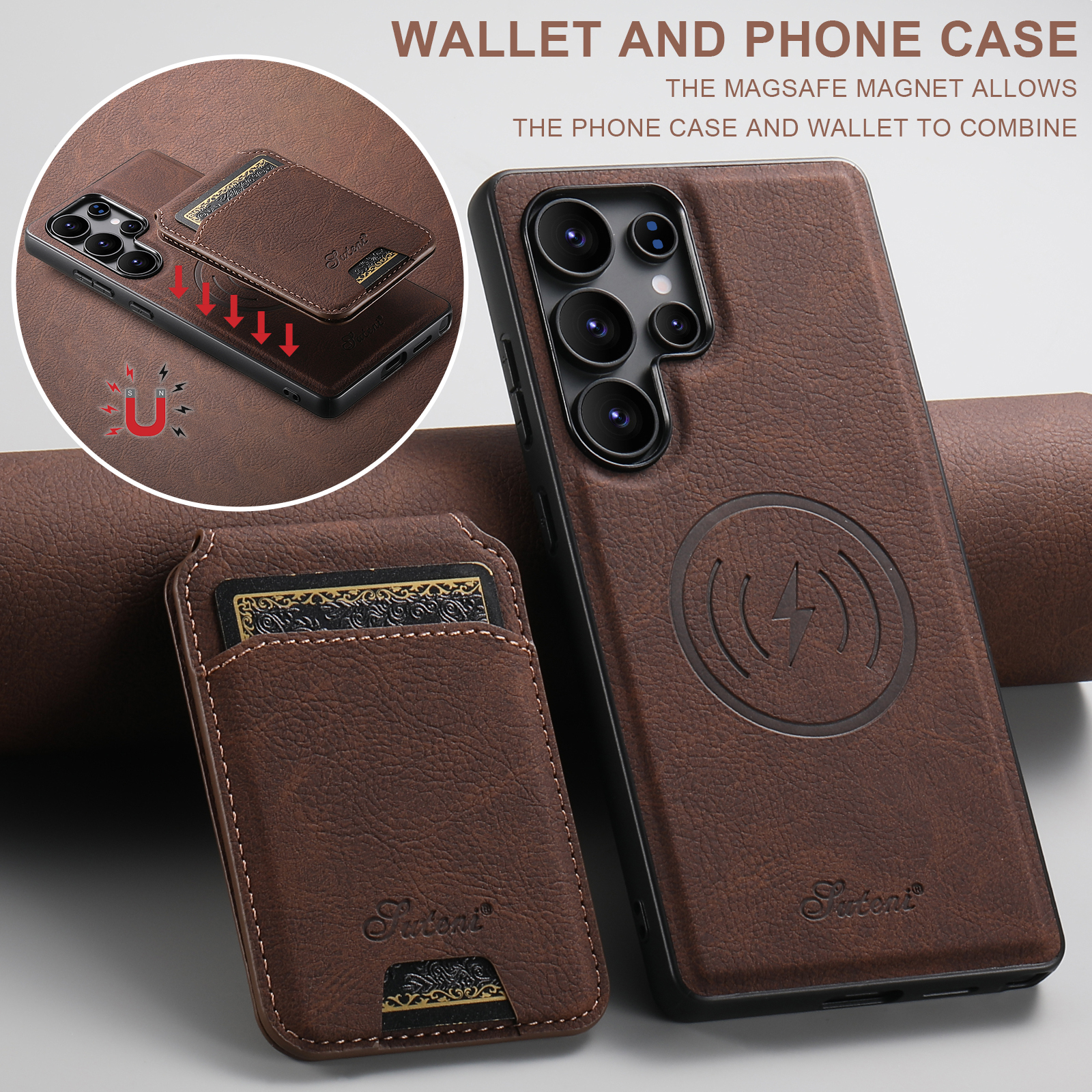 SUTENI H16 Magnet Wireless Charging Phone Case Card Holder Stand PU Leather For Samsung S25Ultra S24Plus S23 S22 Note20