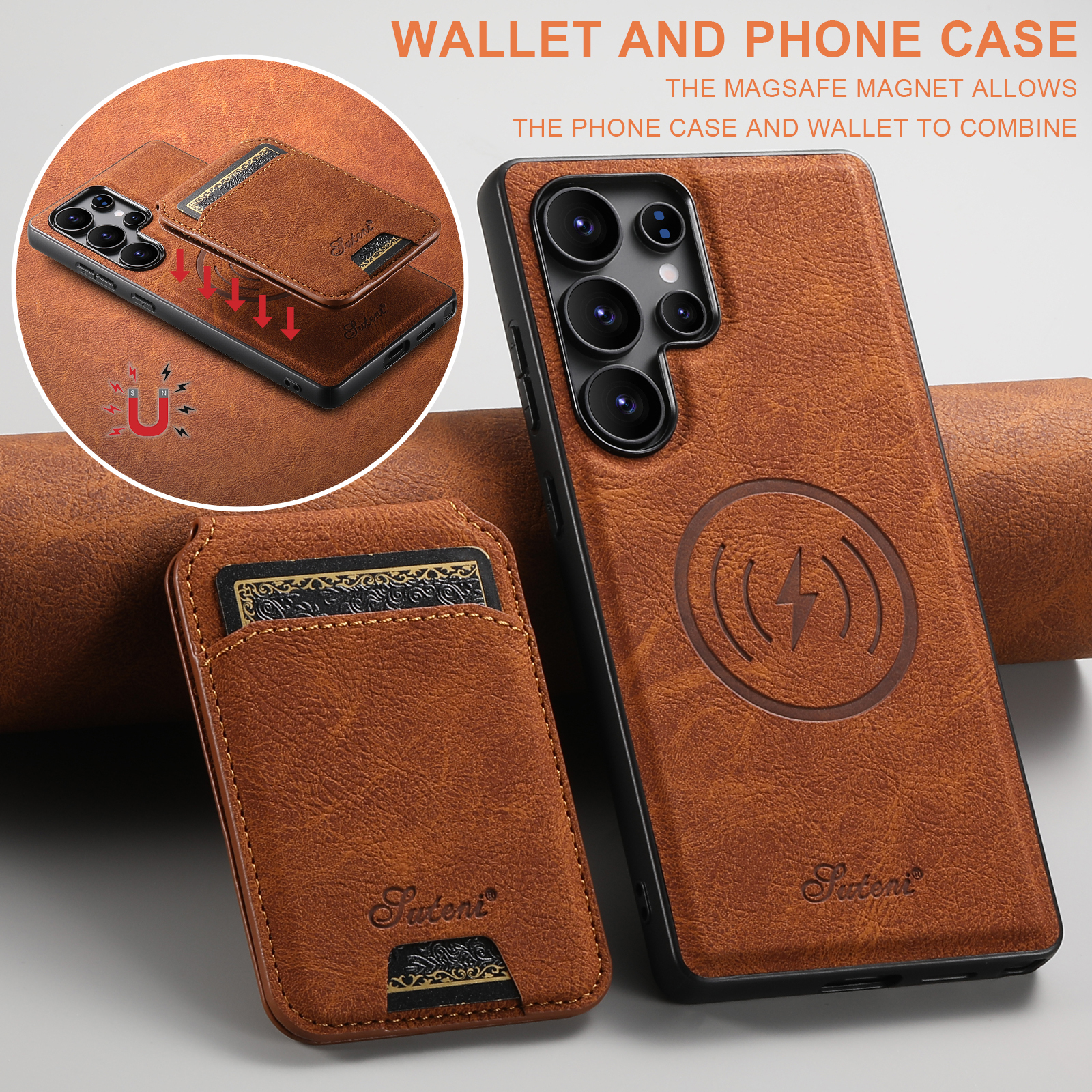 SUTENI H16 Magnet Wireless Charging Phone Case Card Holder Stand PU Leather For Samsung S26Ultra S25Plus S24 S23 S22 Note20