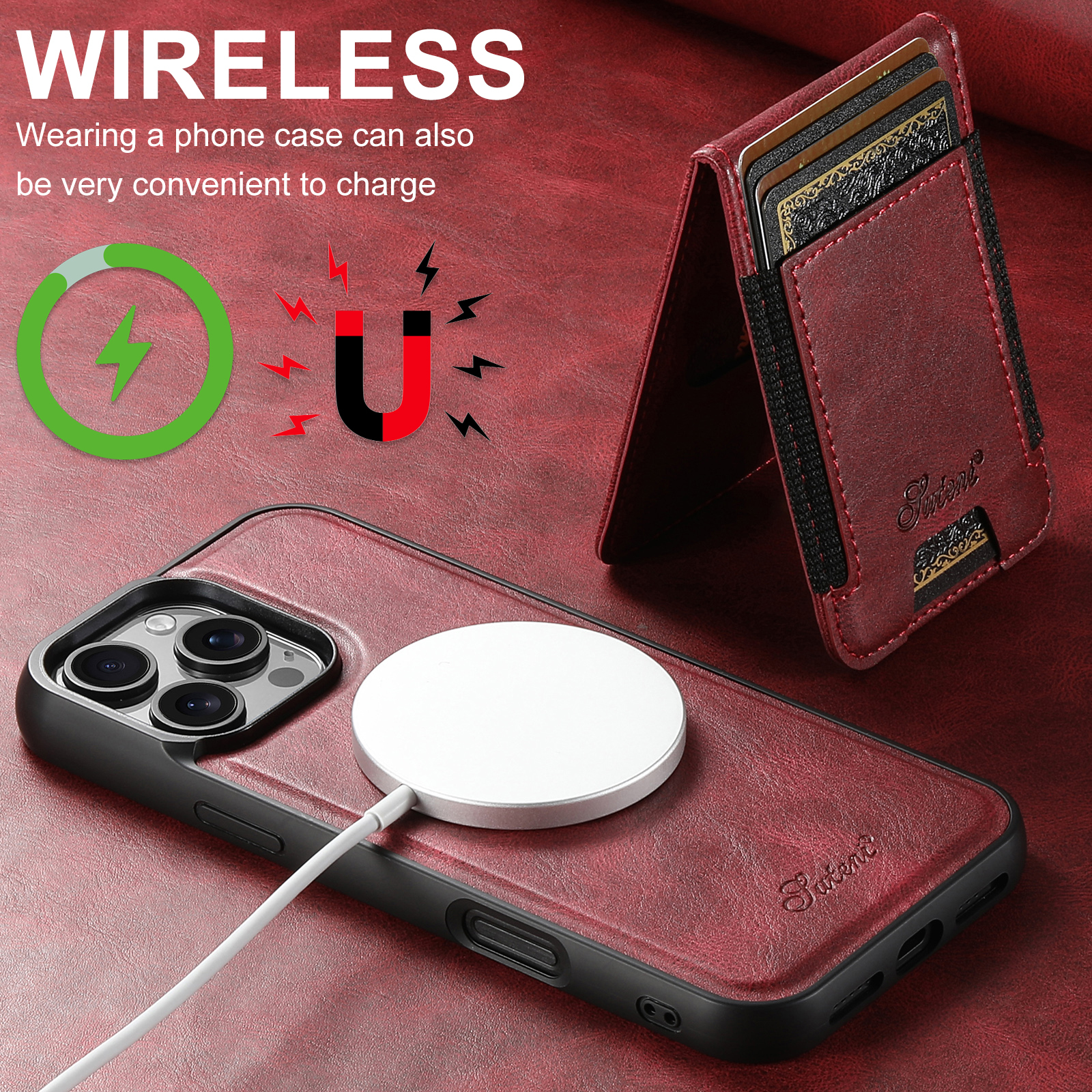 SUTENI H17YL Faux Leather Phone Case Wireless Charging Magnet Card Holder Stand For iPhone 17 Pro Max 16 Plus 15 14 13 12
