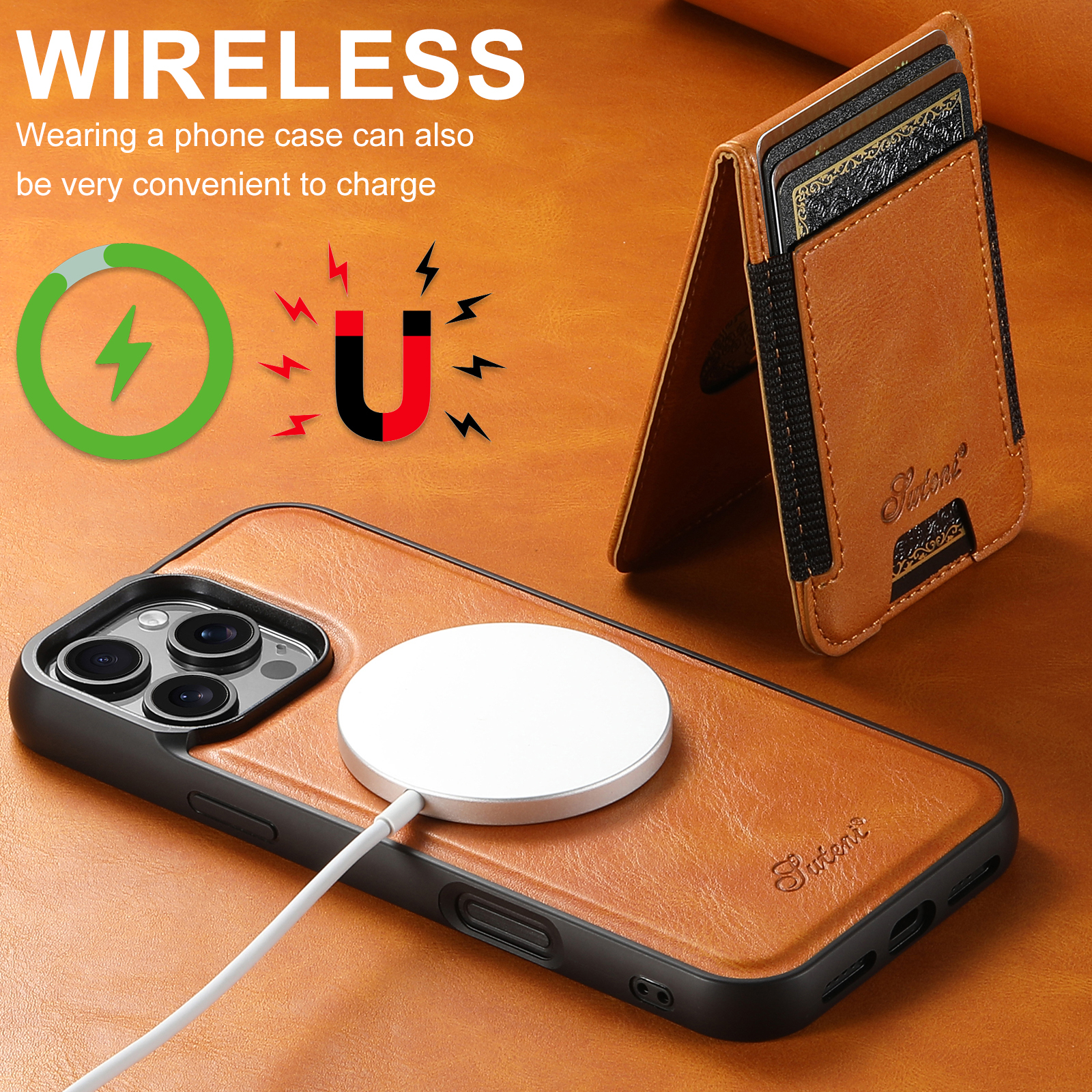 SUTENI H17YL Faux Leather Phone Case Wireless Charging Magnet Card Holder Stand For iPhone 17 Pro Max 16 Plus 15 14 13 12