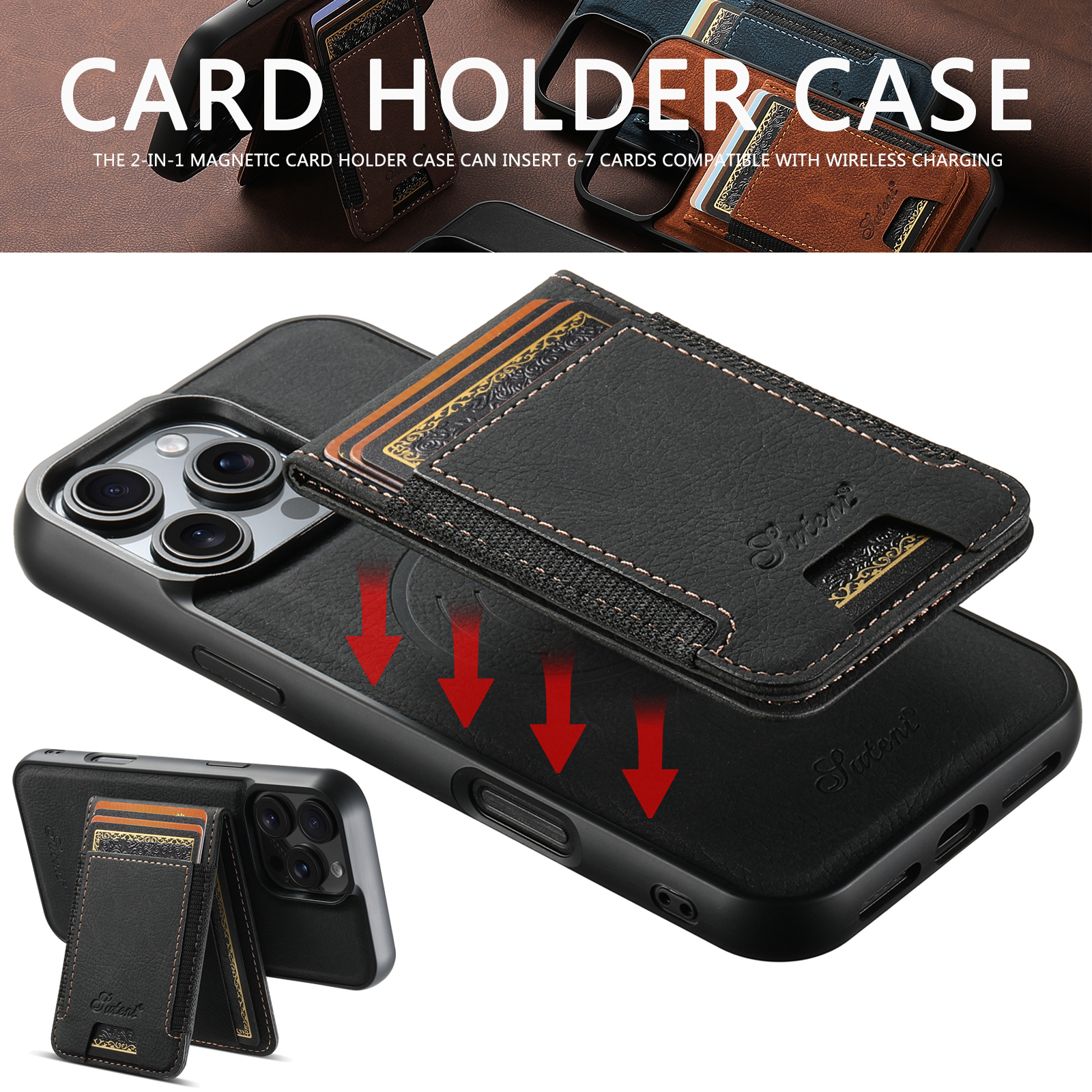 SUTENI H17LZ Magnet Wireless Charging Card Holder Stand Luxury PU Leather Phone Case For iPhone 16 Pro Max 15 Plus 14 Pro 13 12