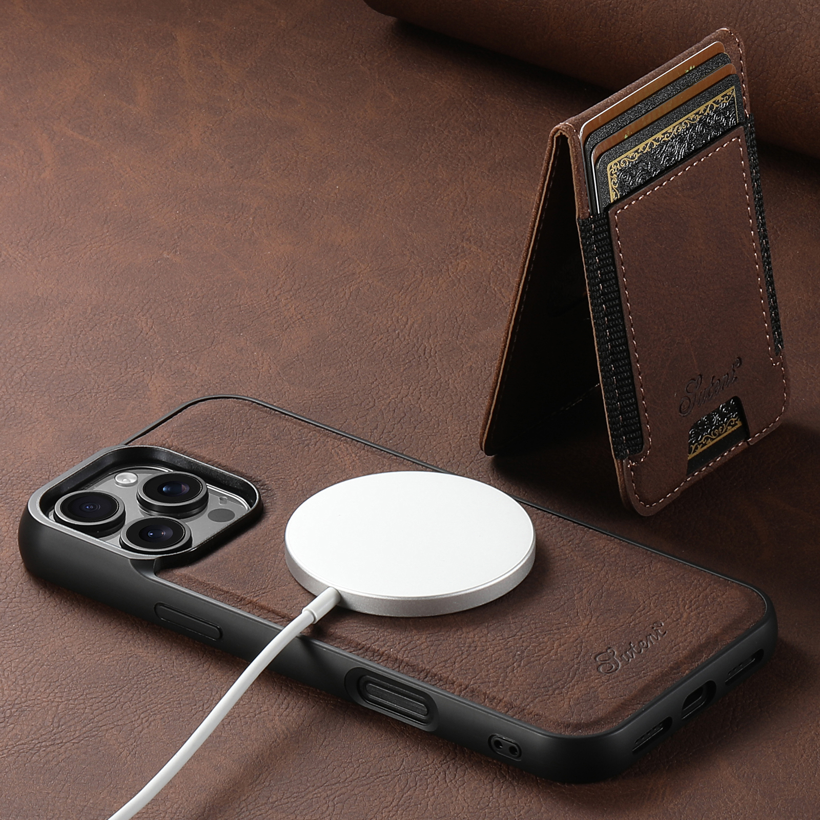SUTENI H17LZ Magnet Wireless Charging Card Holder Stand Luxury PU Leather Phone Case For iPhone 16 Pro Max 15 Plus 14 Pro 13 12