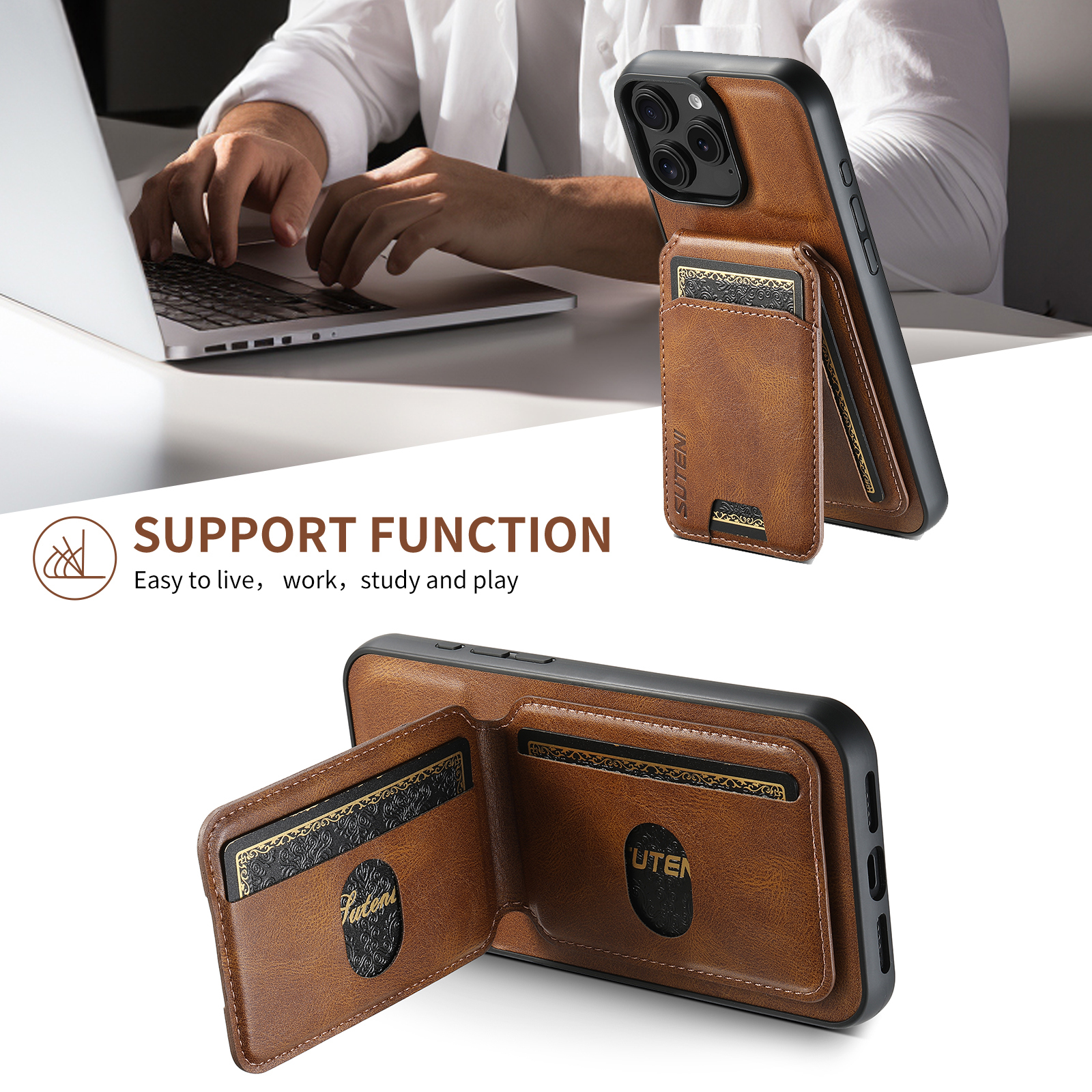 SUTENI H02YL Luxury PU Leather Phone Case Card Holder Stand For iPhone 16 Pro Max 15 Plus 14 13 12 11