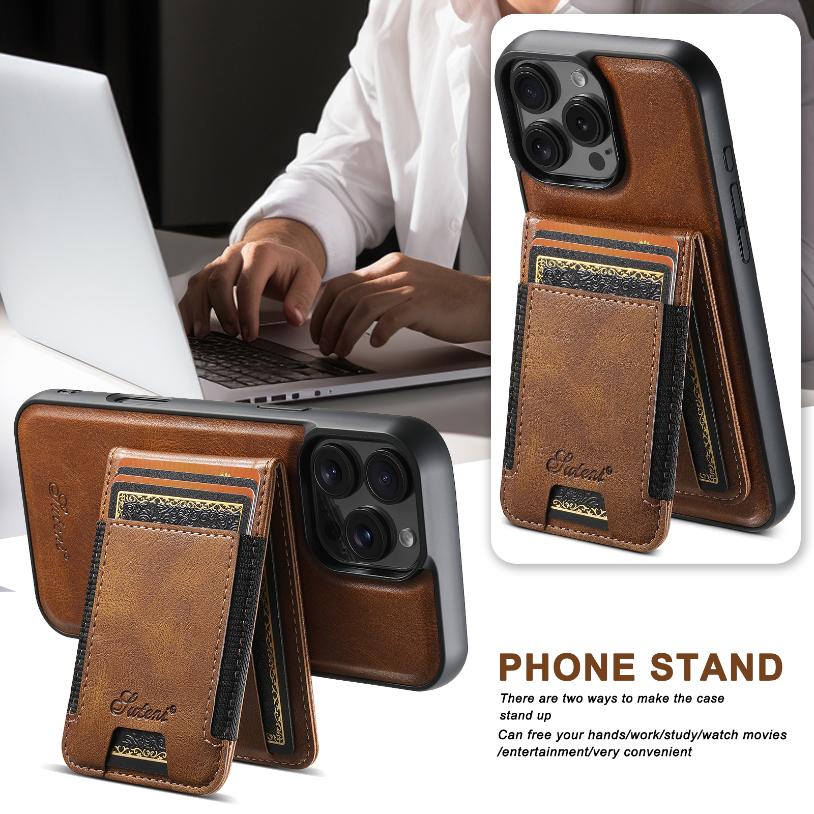 SUTENI H17YL PU Leather Phone Case Magnet Wireless Charging Card Holder StandFor iPhone 16 Pro Max 15 Plus 14 Pro 13 12