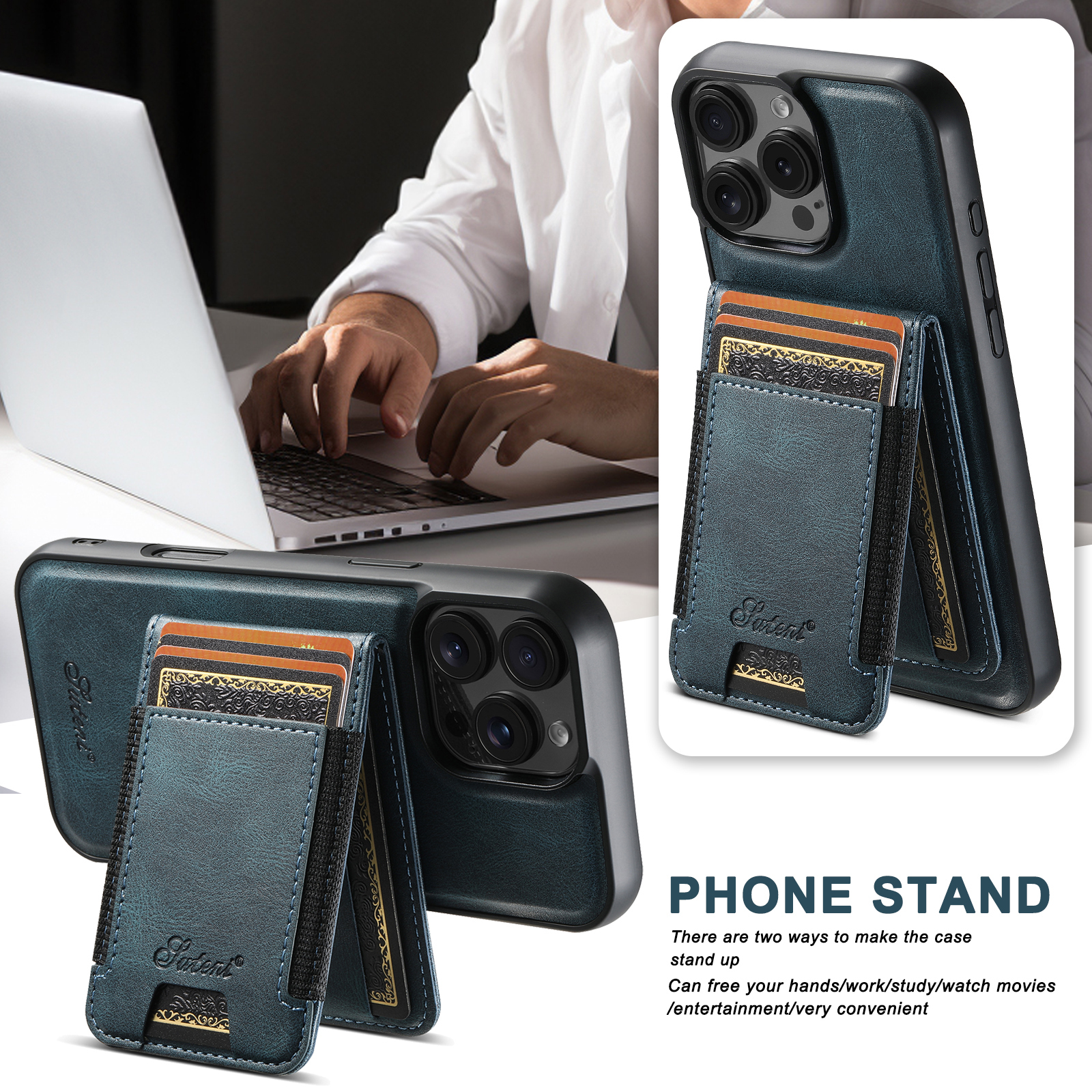SUTENI H17YL PU Leather Phone Case Magnet Wireless Charging Card Holder StandFor iPhone 16 Pro Max 15 Plus 14 Pro 13 12