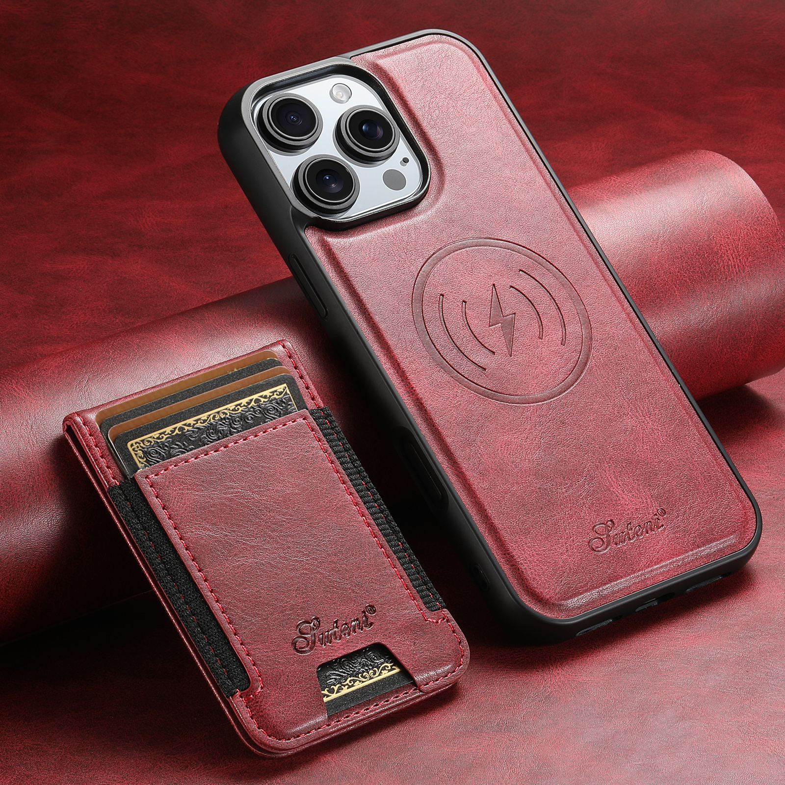 SUTENI H17YL Faux Leather Phone Case Wireless Charging Magnet Card Holder Stand For iPhone 17 Pro Max 16 Plus 15 14 13 12