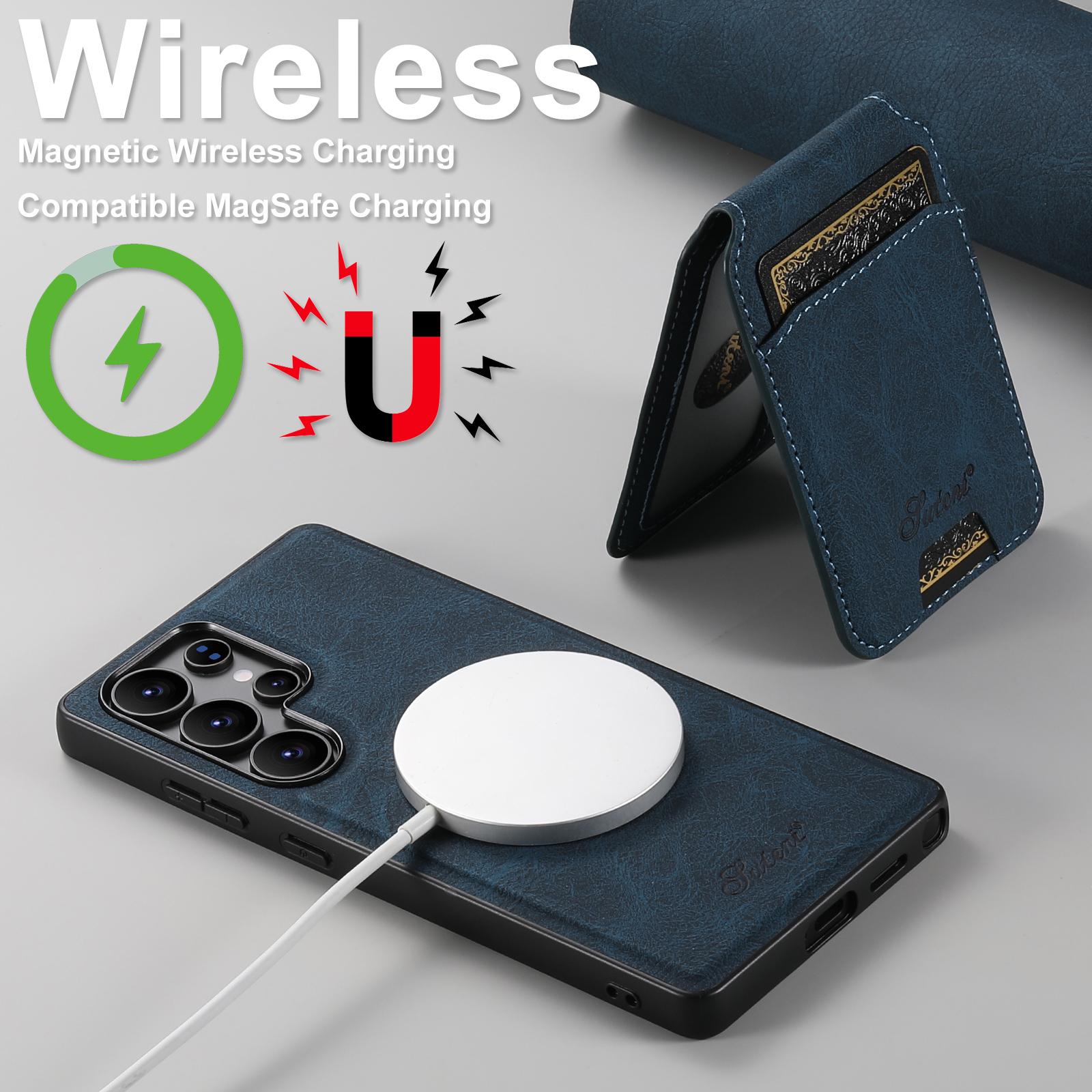 SUTENI H16 Magnet Wireless Charging Phone Case Card Holder Stand PU Leather For Samsung S25Ultra S24Plus S23 S22 Note20