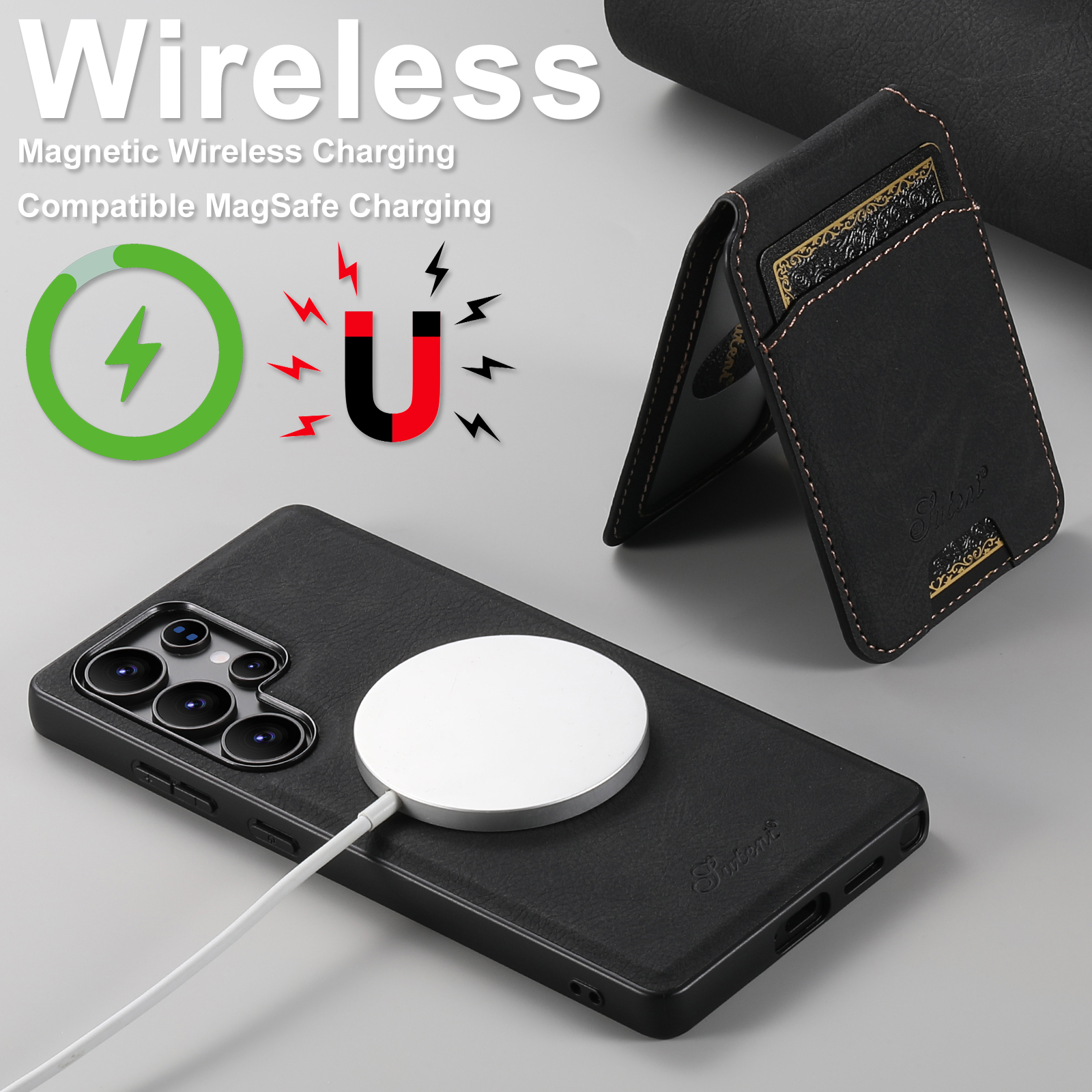 SUTENI H16 Magnet Wireless Charging Phone Case Card Holder Stand PU Leather For Samsung S25Ultra S24Plus S23 S22 Note20