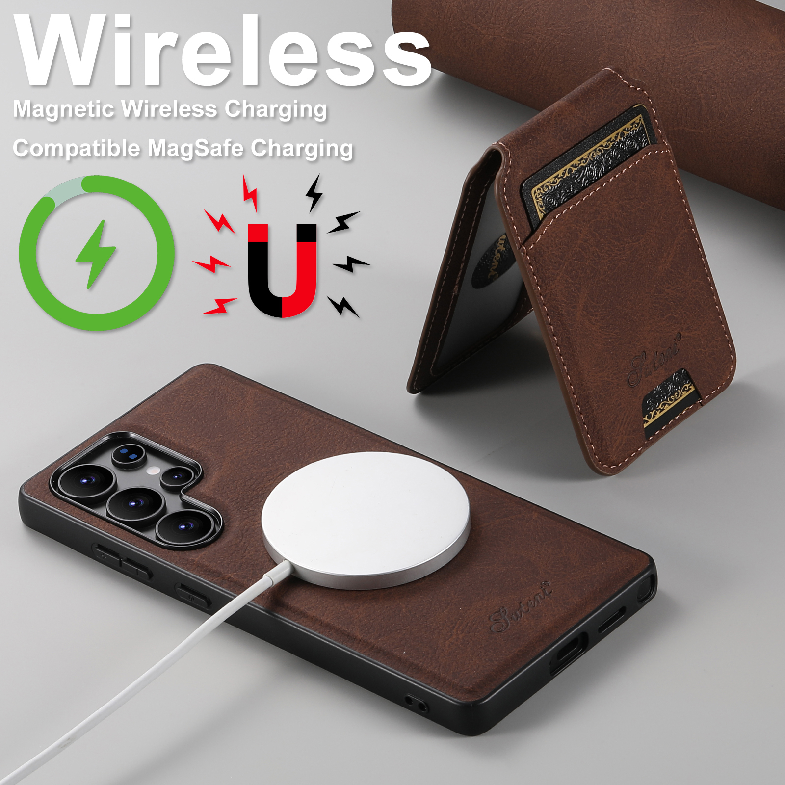 SUTENI H16 Magnet Wireless Charging Phone Case Card Holder Stand PU Leather For Samsung S25Ultra S24Plus S23 S22 Note20
