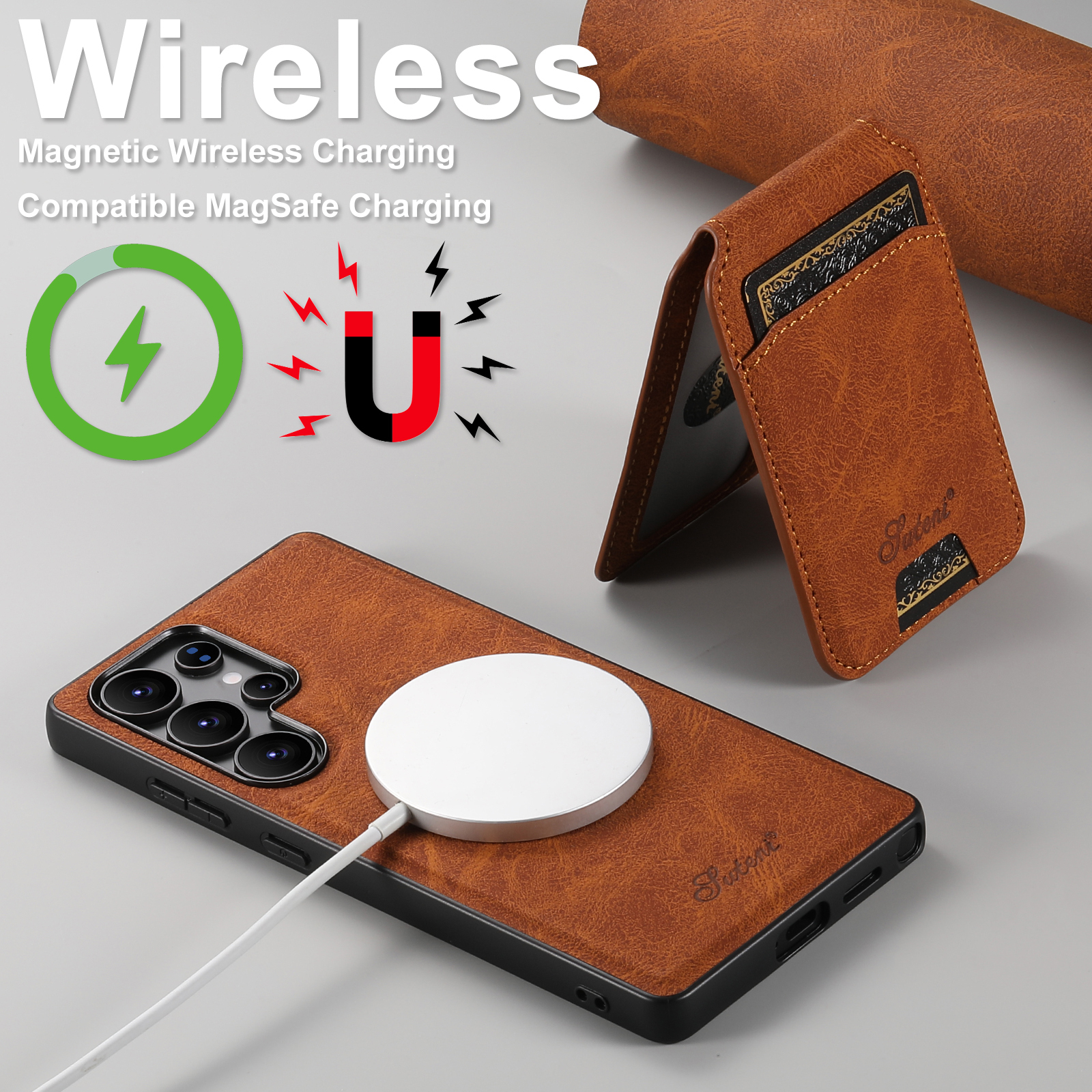 SUTENI H16 Magnet Wireless Charging Phone Case Card Holder Stand PU Leather For Samsung S26Ultra S25Plus S24 S23 S22 Note20